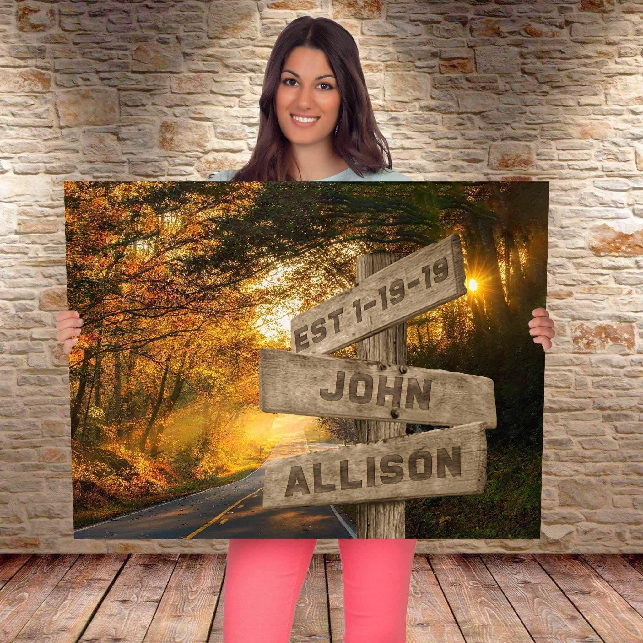 Autumn Road v1 Color Multiple Names Personalized Directional Sign CanvasCustomly Gifts