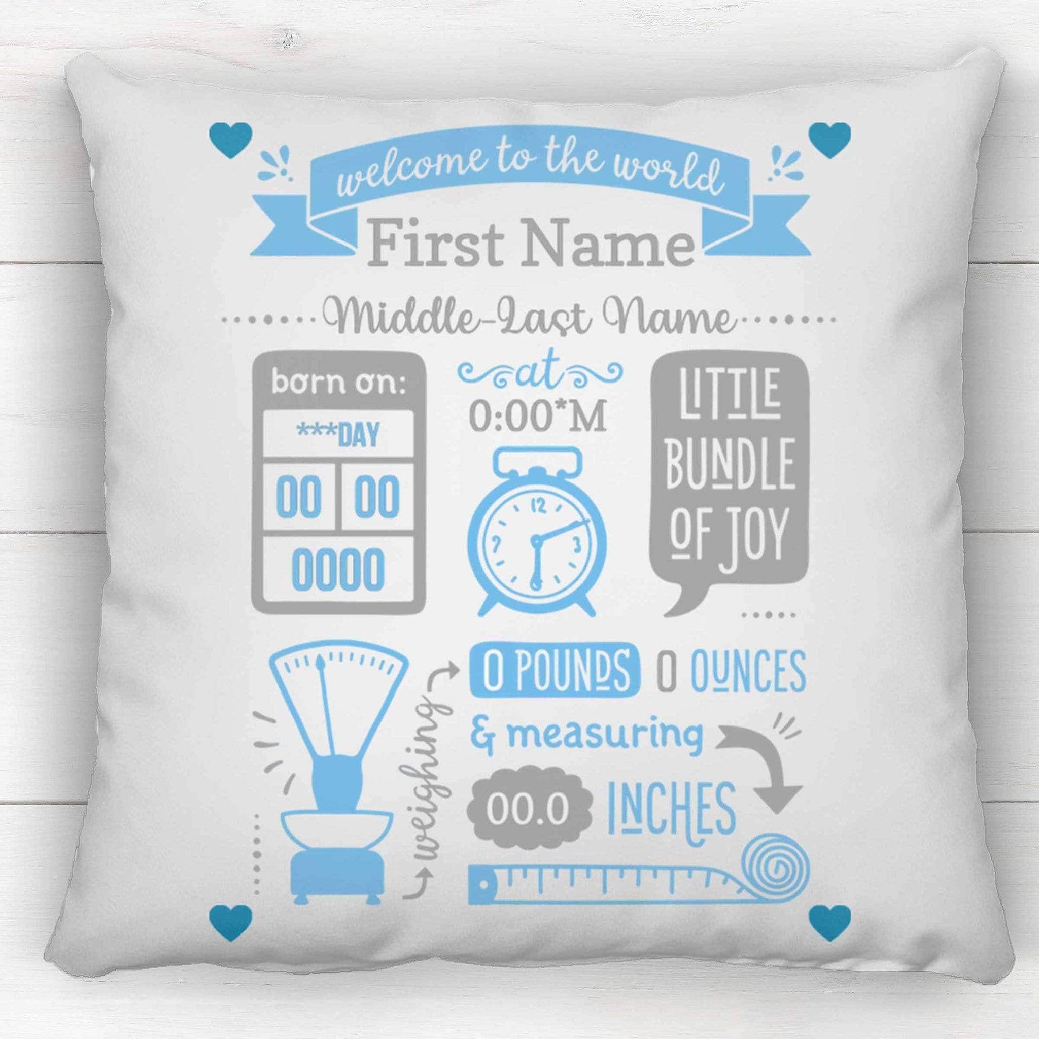 Baby Birth Stats Announcement Blue-Grey Clock Scale Tape Measure Personalized PillowCustomly Gifts