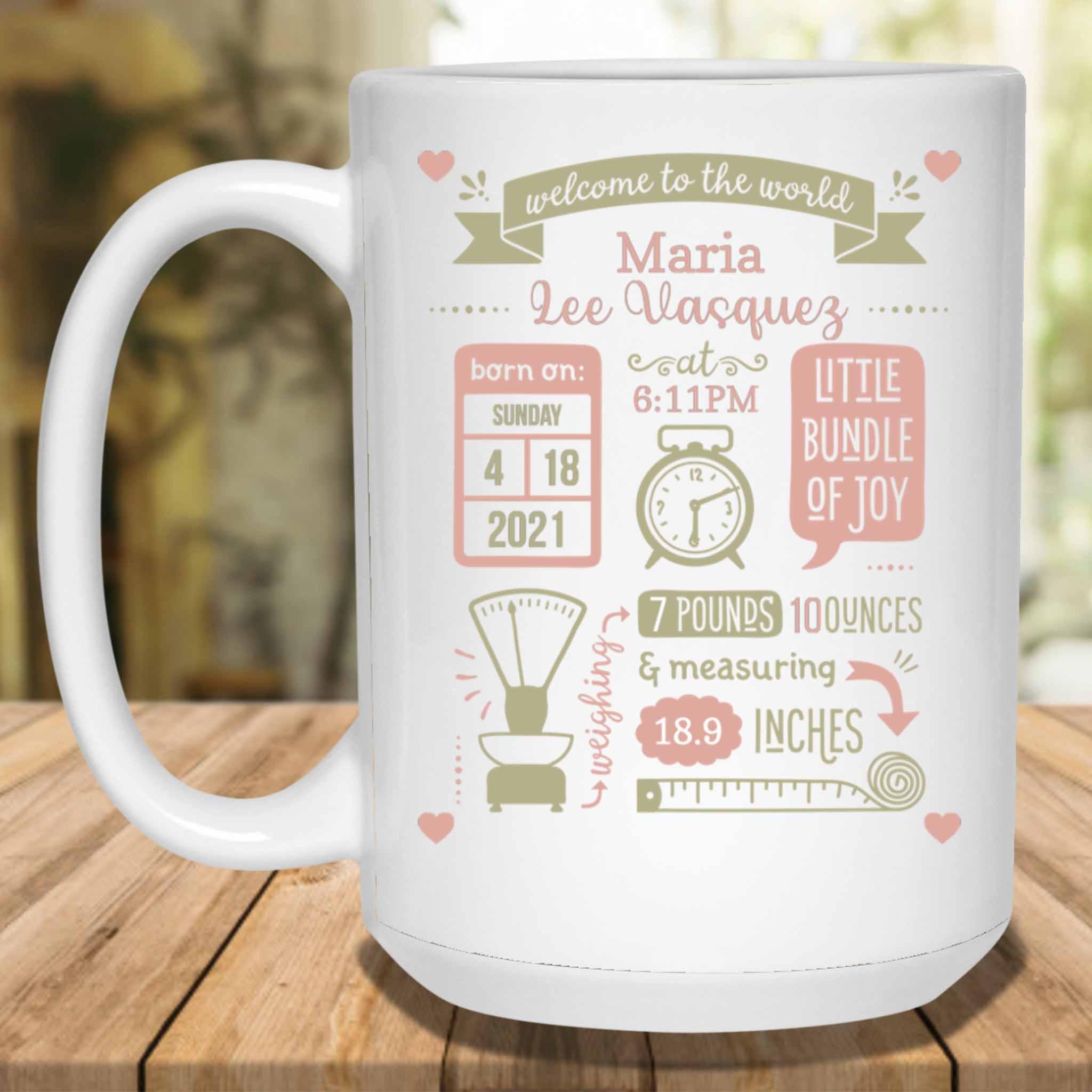 Baby Birth Stats Announcement Peach-Olive Clock Scale Tape Measure Personalized Coffee MugCustomly Gifts