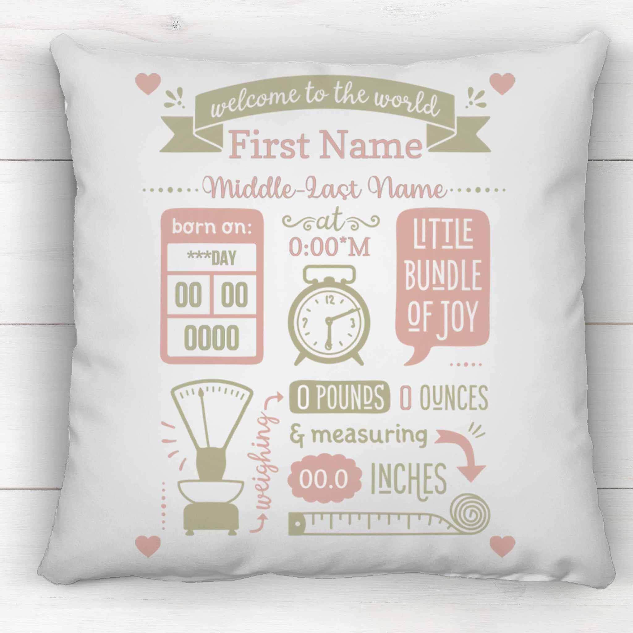 Baby Birth Stats Announcement Peach-Olive Clock Scale Tape Measure Personalized PillowCustomly Gifts