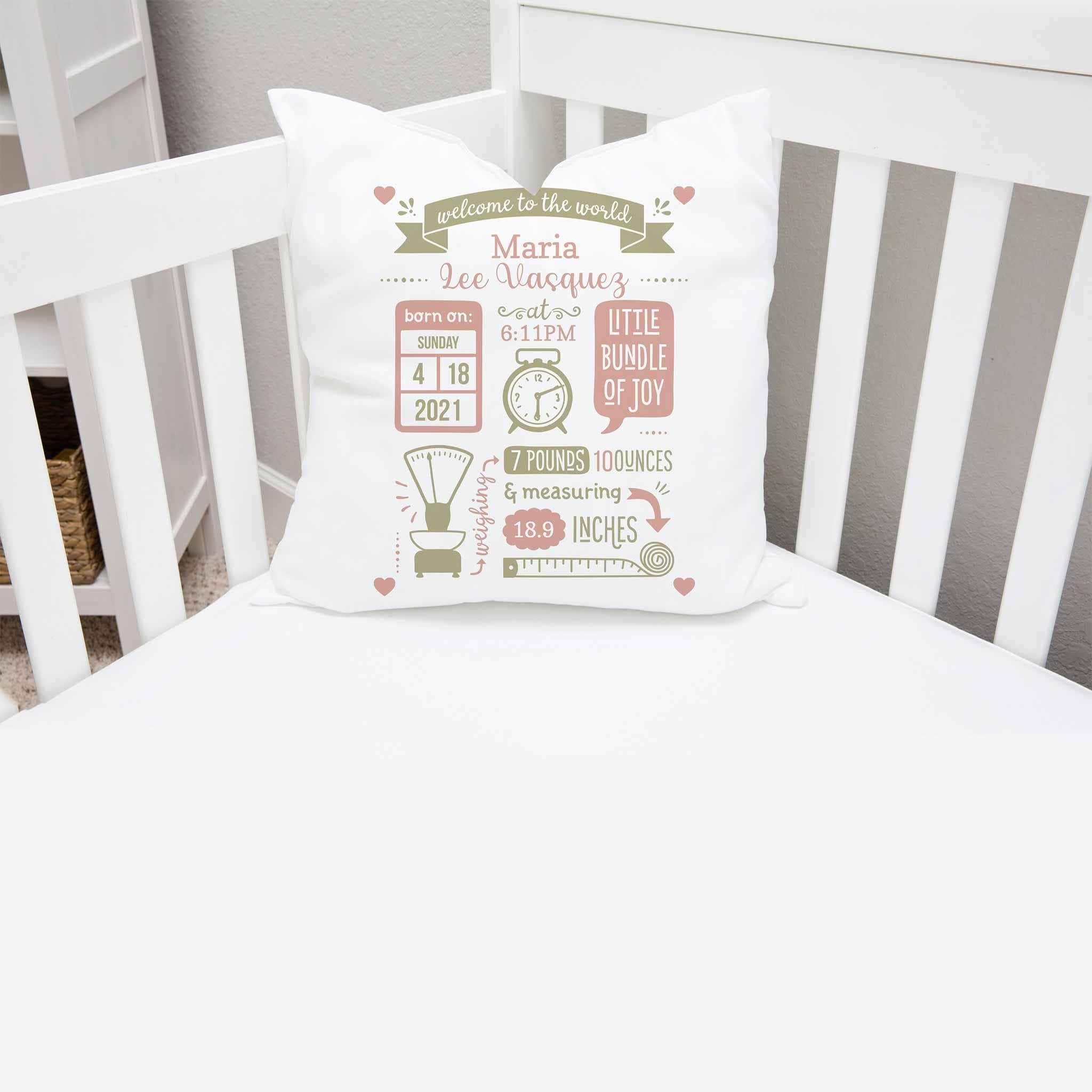 Baby Birth Stats Announcement Peach-Olive Clock Scale Tape Measure Personalized PillowCustomly Gifts