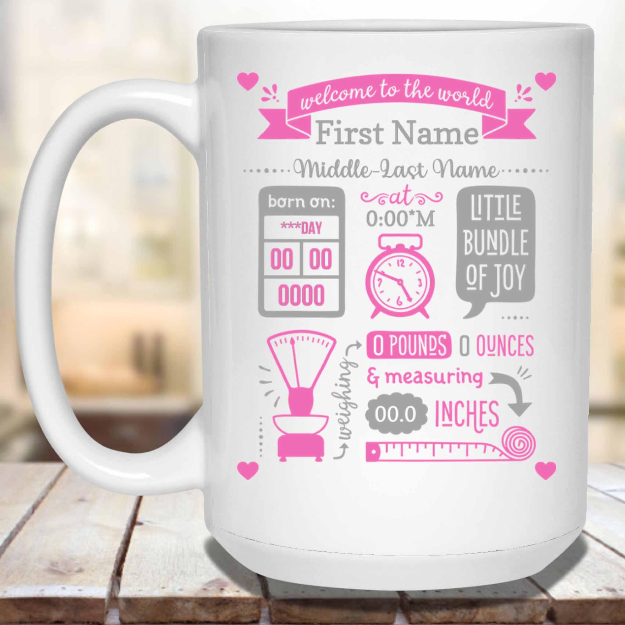 Baby Birth Stats Announcement Pink-Grey Clock Scale Tape Measure Personalized Coffee MugCustomly Gifts