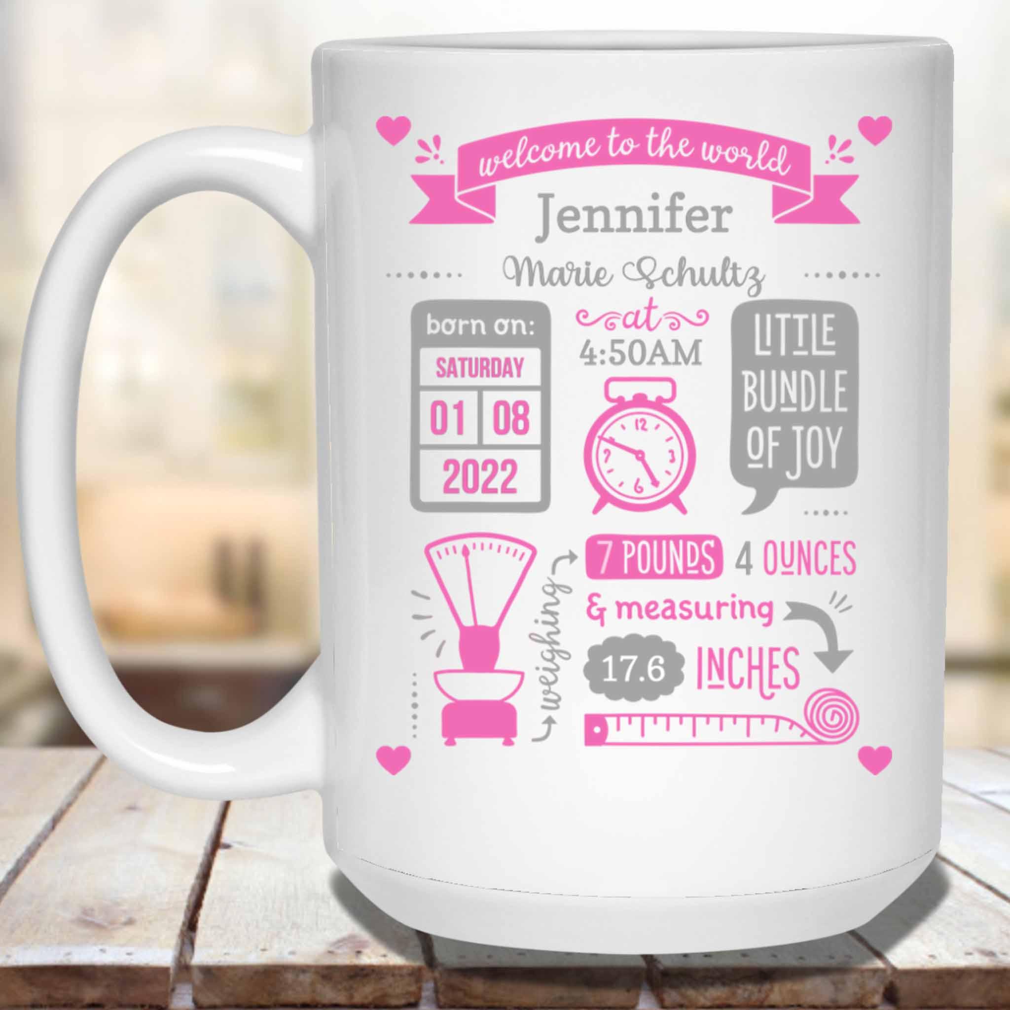Baby Birth Stats Announcement Pink-Grey Clock Scale Tape Measure Personalized Coffee MugCustomly Gifts