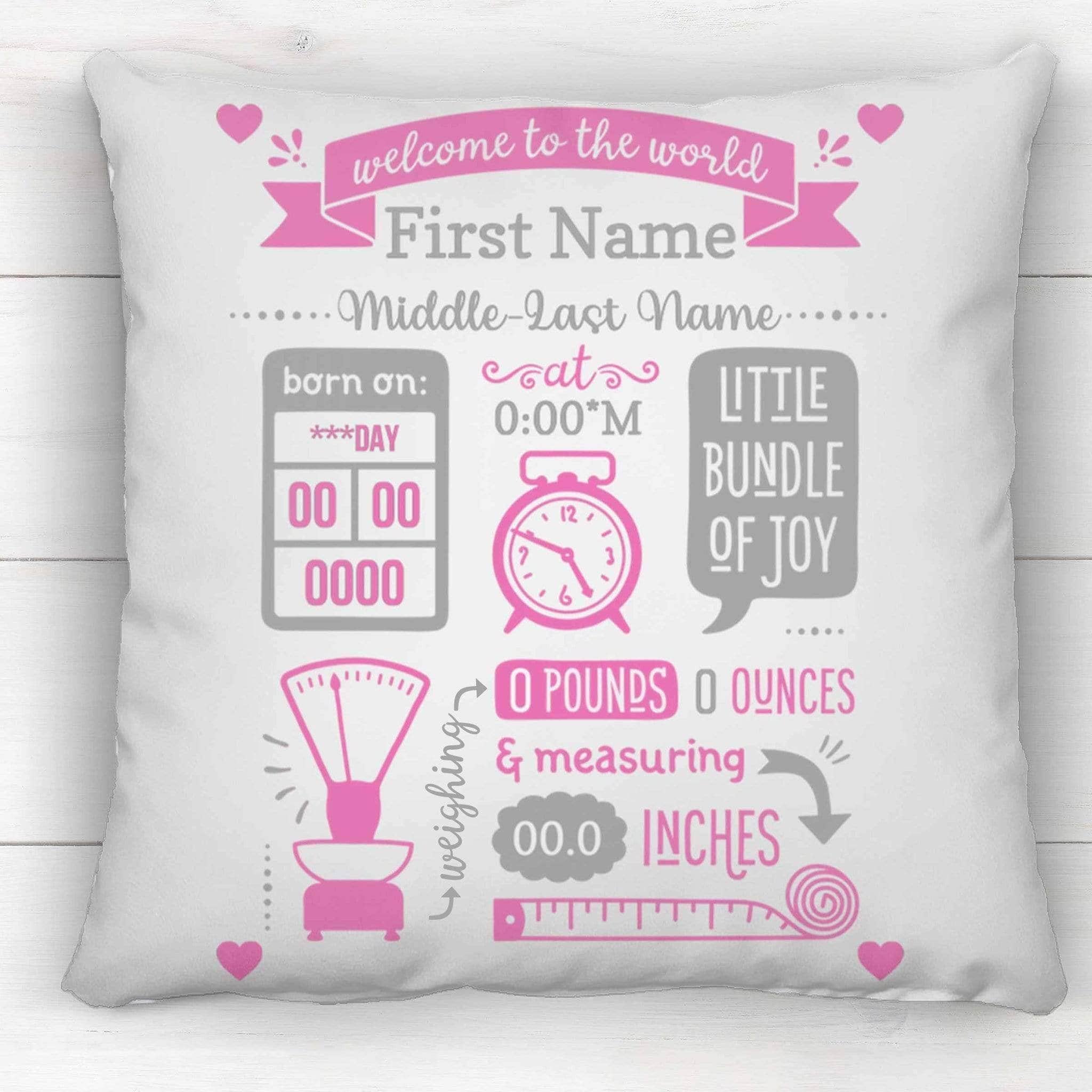 Baby Birth Stats Announcement Pink-Grey Clock Scale Tape Measure Personalized PillowCustomly Gifts
