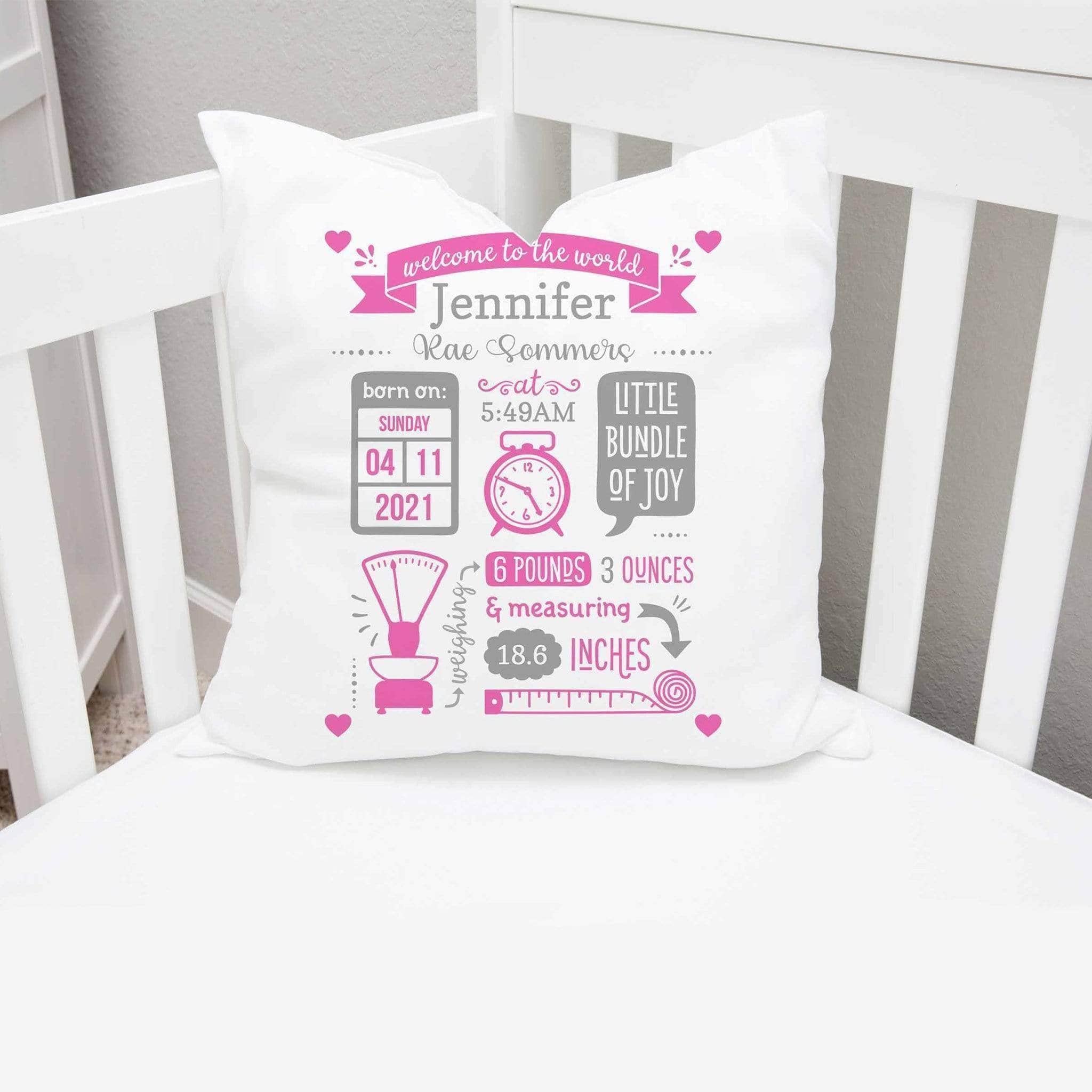 Baby Birth Stats Announcement Pink-Grey Clock Scale Tape Measure Personalized PillowCustomly Gifts