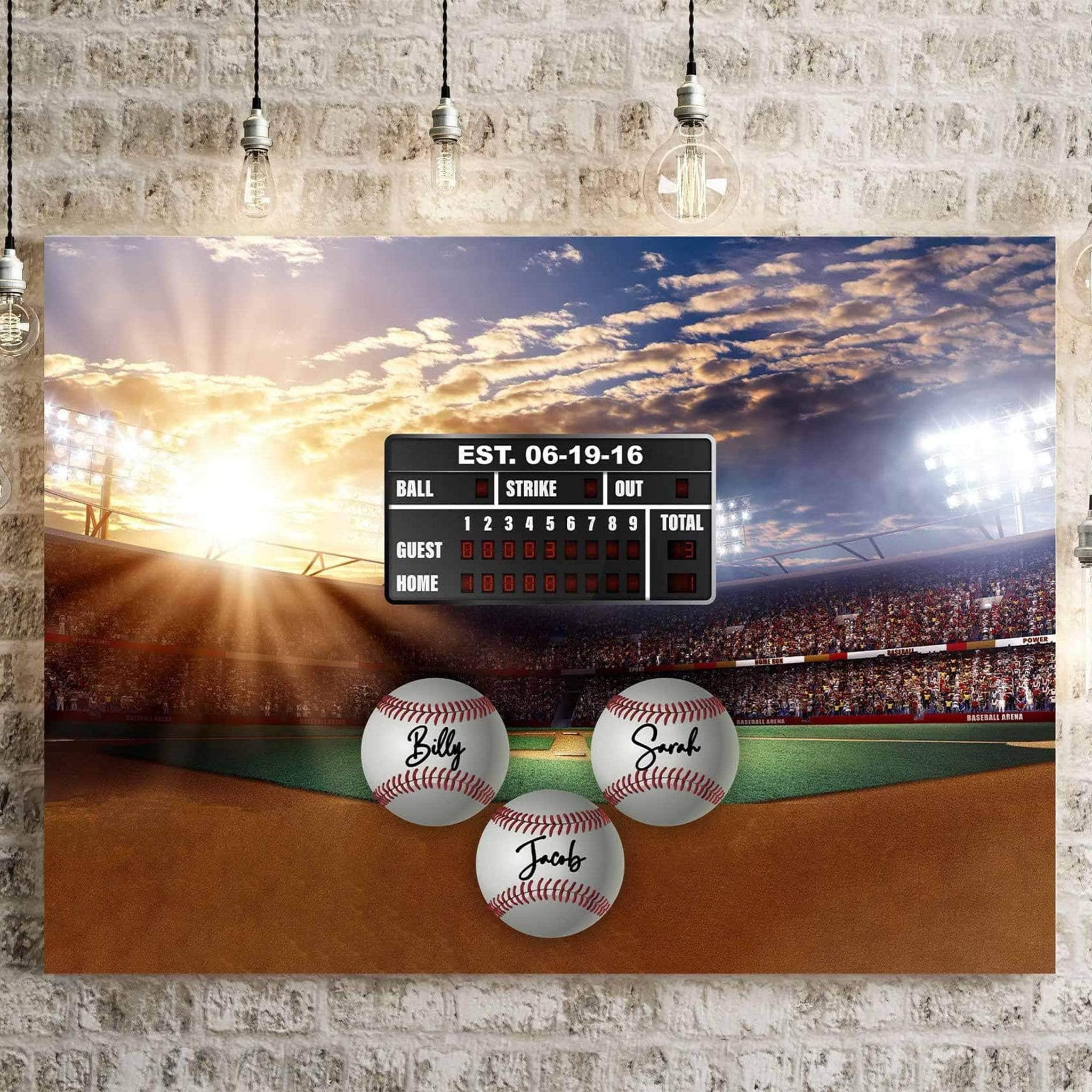Baseball Stadium V1 Multiple Names Personalized Baseballs And Scoreboard Sign CanvasCustomly Gifts