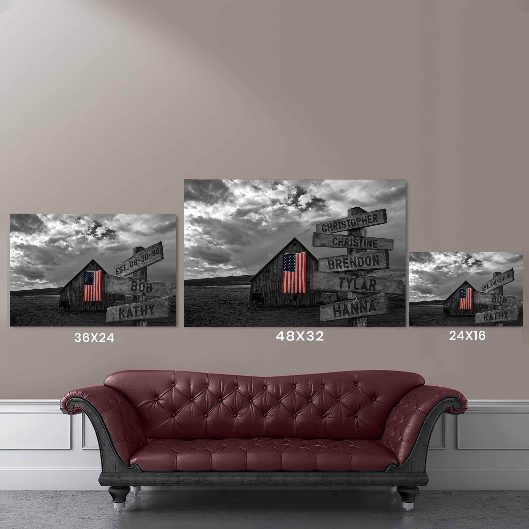 B&W Barn with Color American Flag Multiple Names Personalized Directional Sign PosterCustomly Gifts