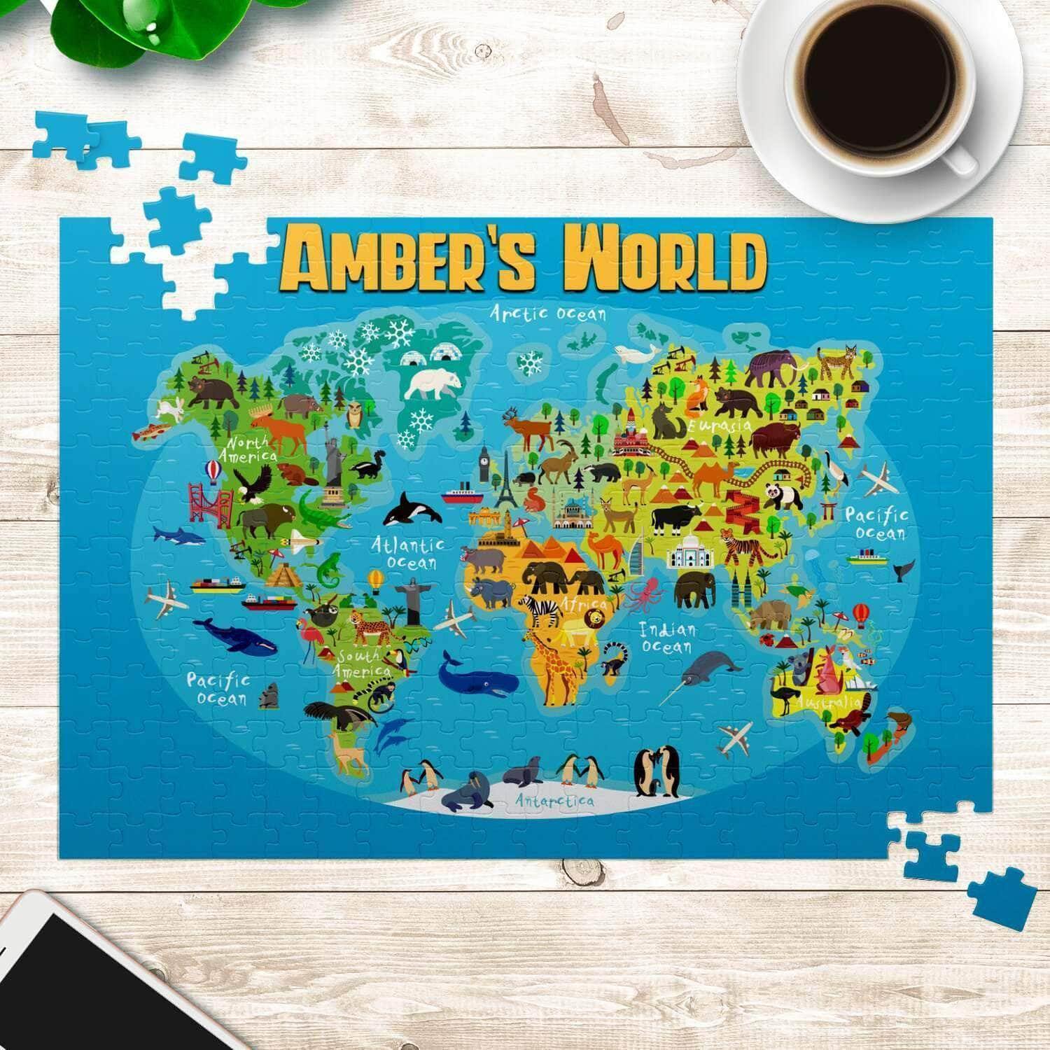 Cartoon World Map v1 Kids Personalized Premium 252 Piece Jigsaw PuzzleCustomly Gifts