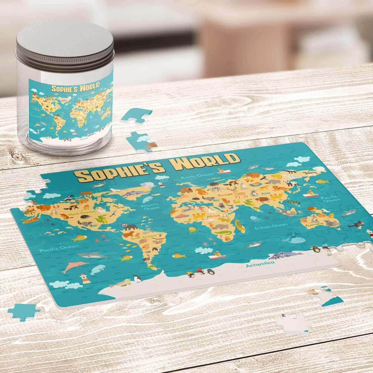 Cartoon World Map v2 Kids Personalized Premium 252 Piece Jigsaw PuzzleCustomly Gifts