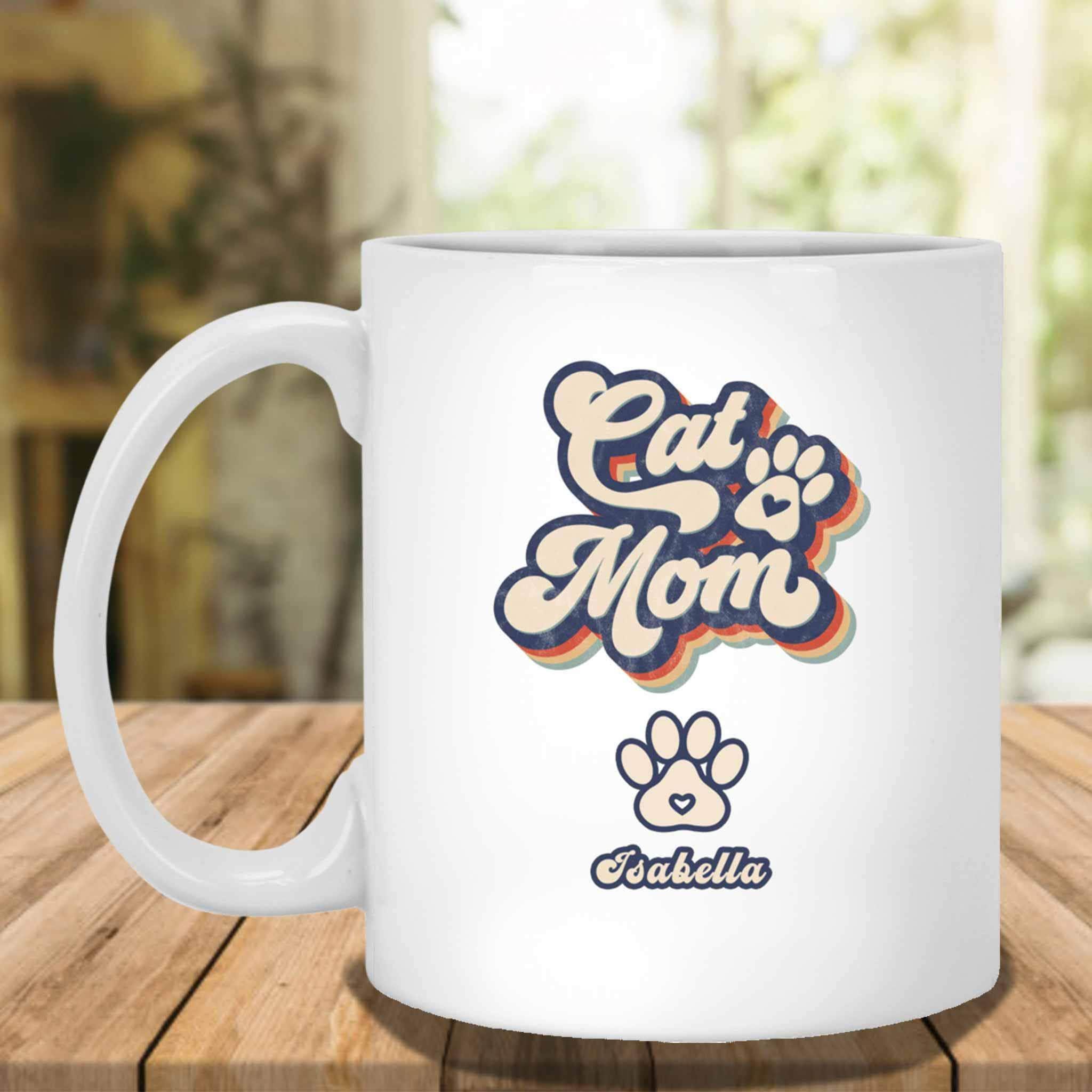 Cat Mom Retro Vintage Custom Personalized White Coffee MugCustomly Gifts