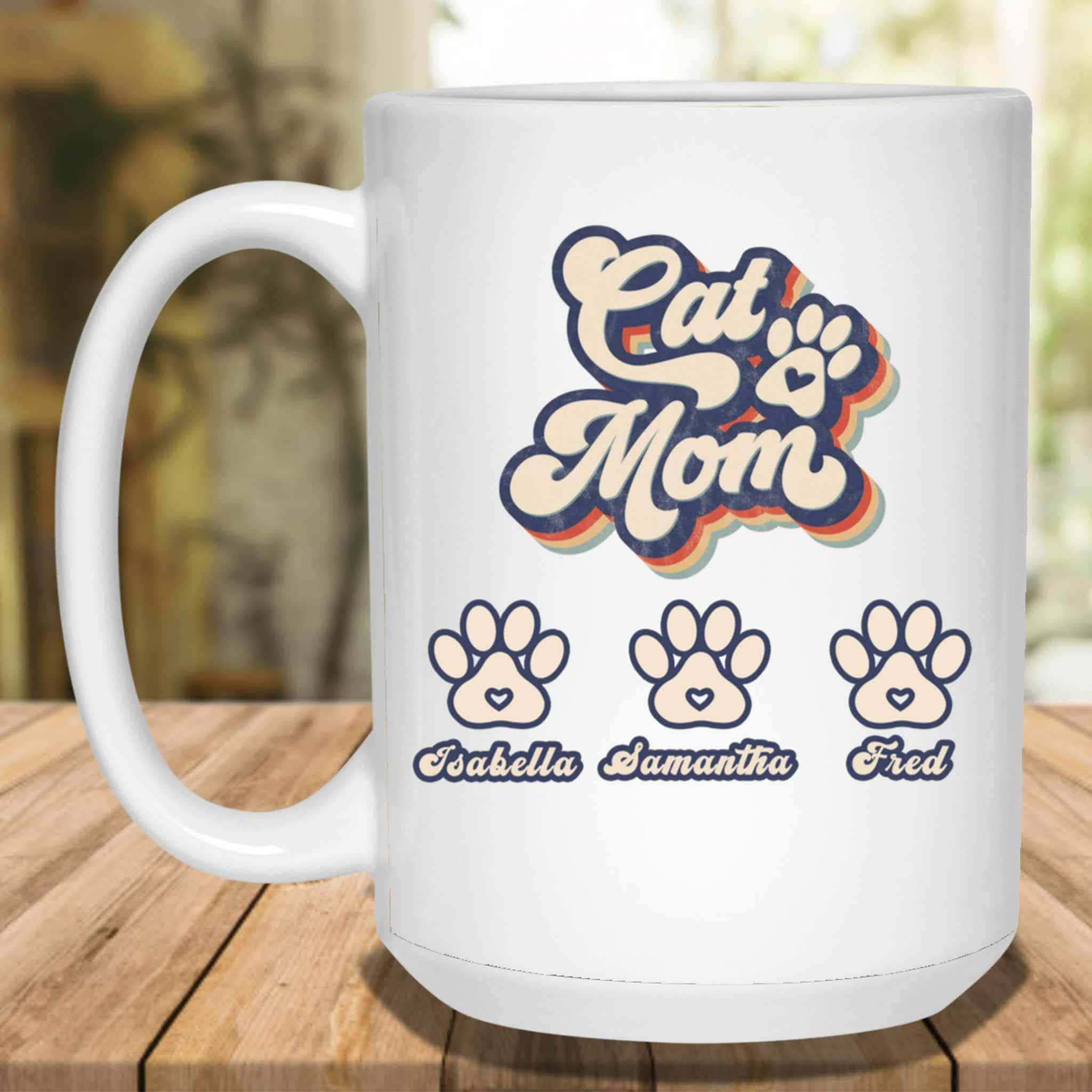 Cat Mom Retro Vintage Custom Personalized White Coffee MugCustomly Gifts