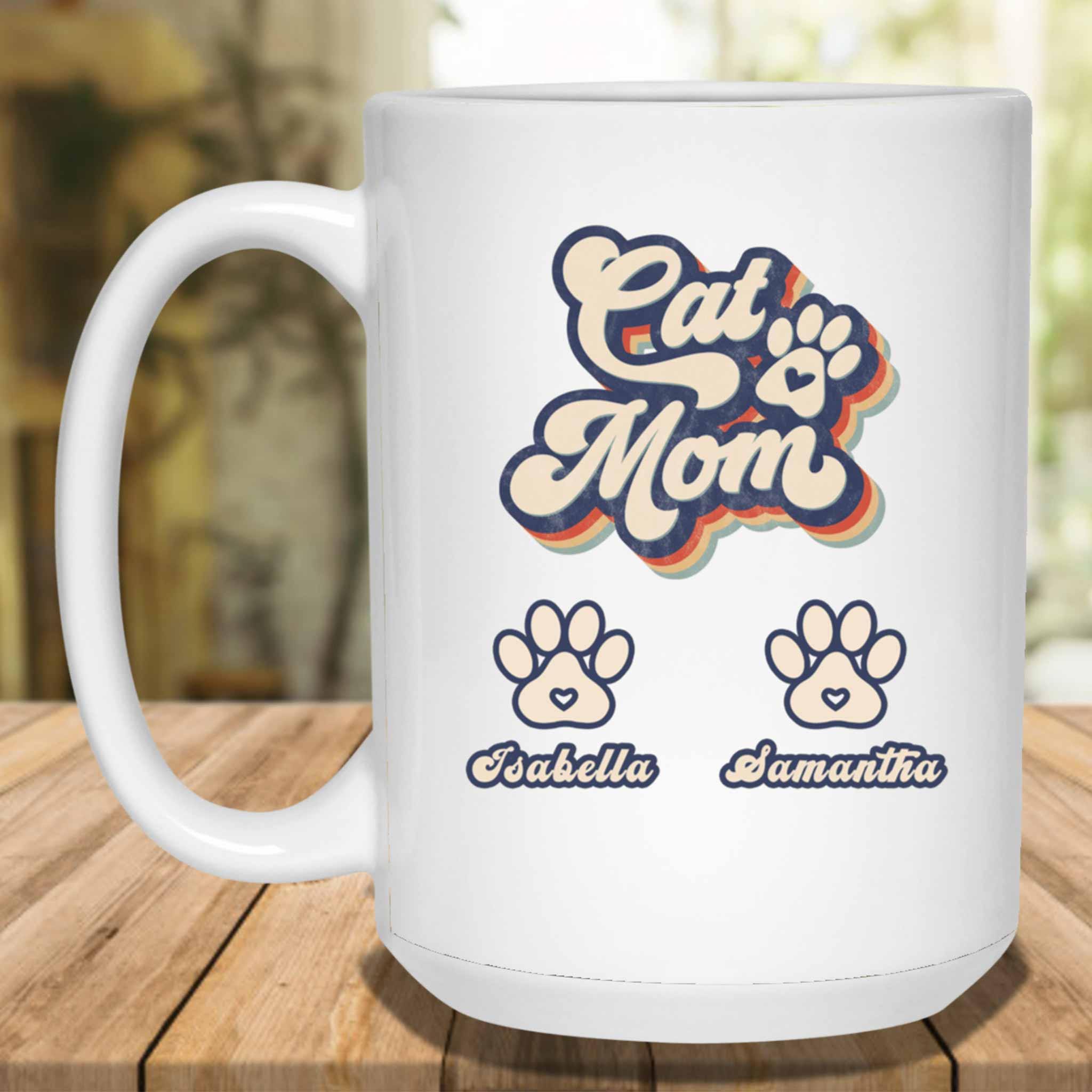 Cat Mom Retro Vintage Custom Personalized White Coffee MugCustomly Gifts
