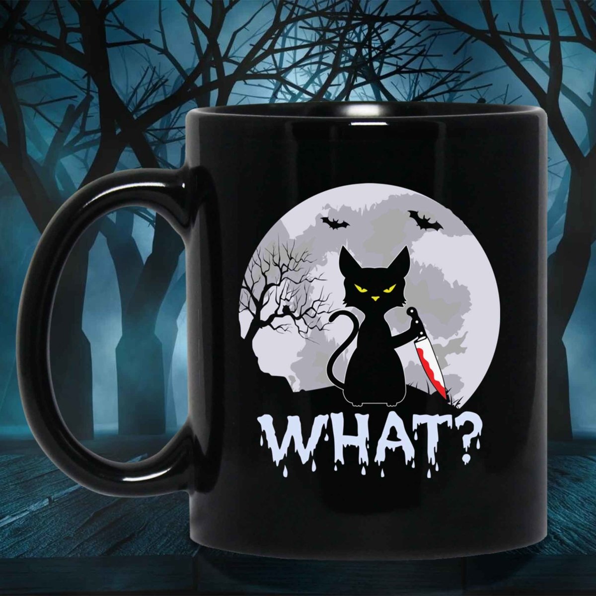 Cat What? Murderous Black Cat with Knife Halloween Black Coffee MugsCustomly Gifts