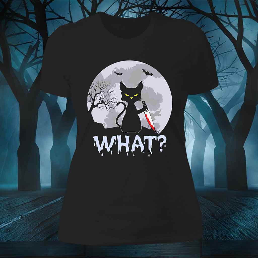 Cat What? Murderous Black Cat with Knife Ladies Black ShirtCustomly Gifts