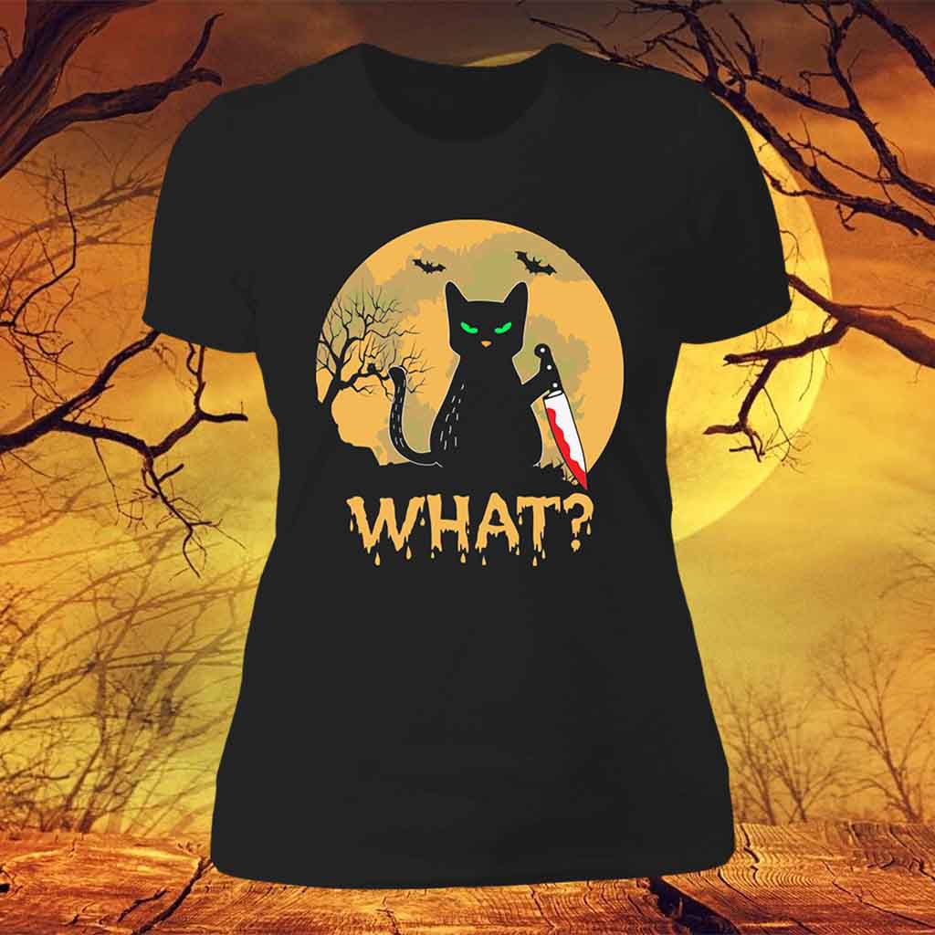 Cat What? Murderous Black Cat with Knife Orange Glow Ladies Black ShirtCustomly Gifts