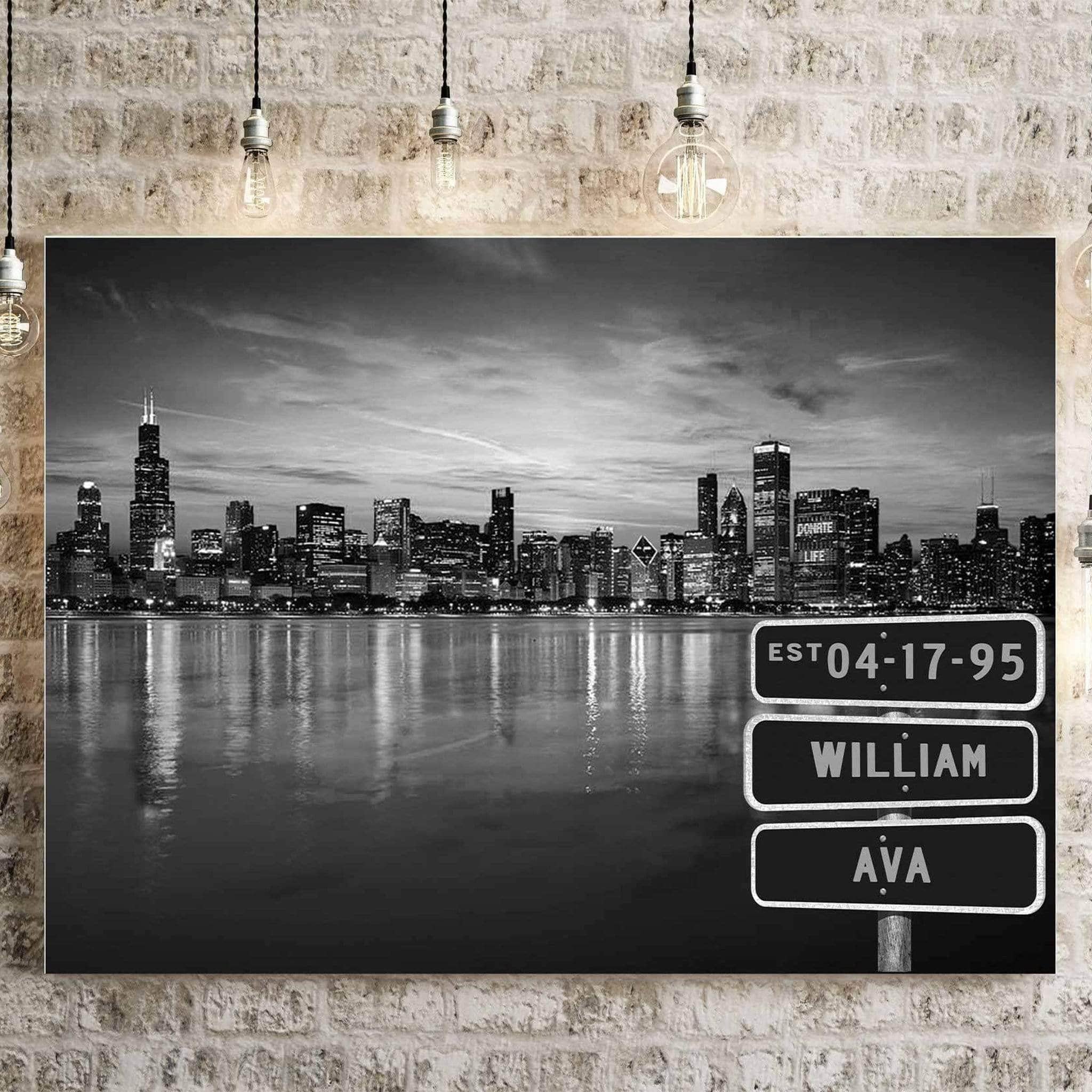 Chicago Skyline Black & White Multiple Names Personalized Street Sign CanvasCustomly Gifts