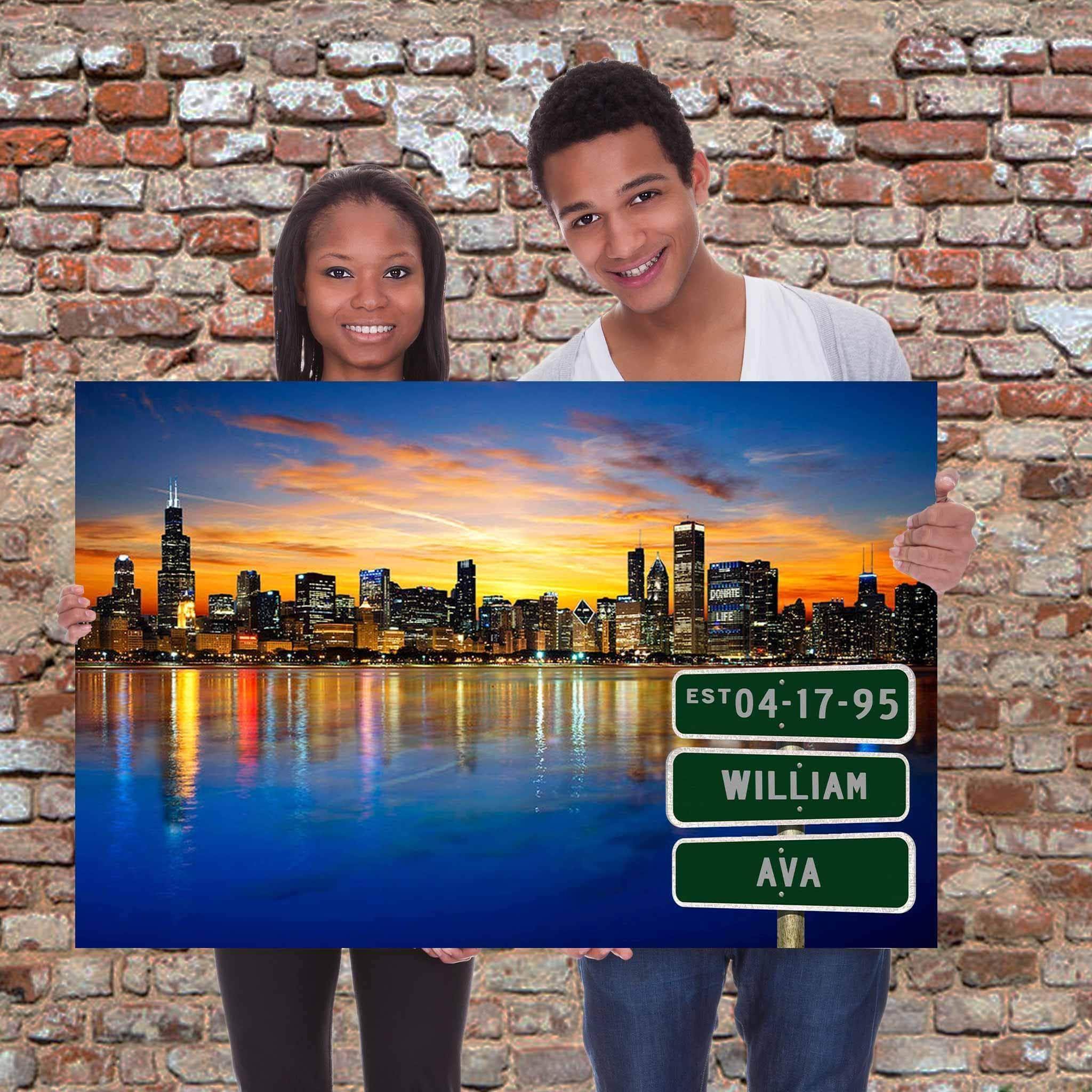 Chicago Skyline Vibrant Sunset Multiple Names Personalized Street Sign CanvasCustomly Gifts