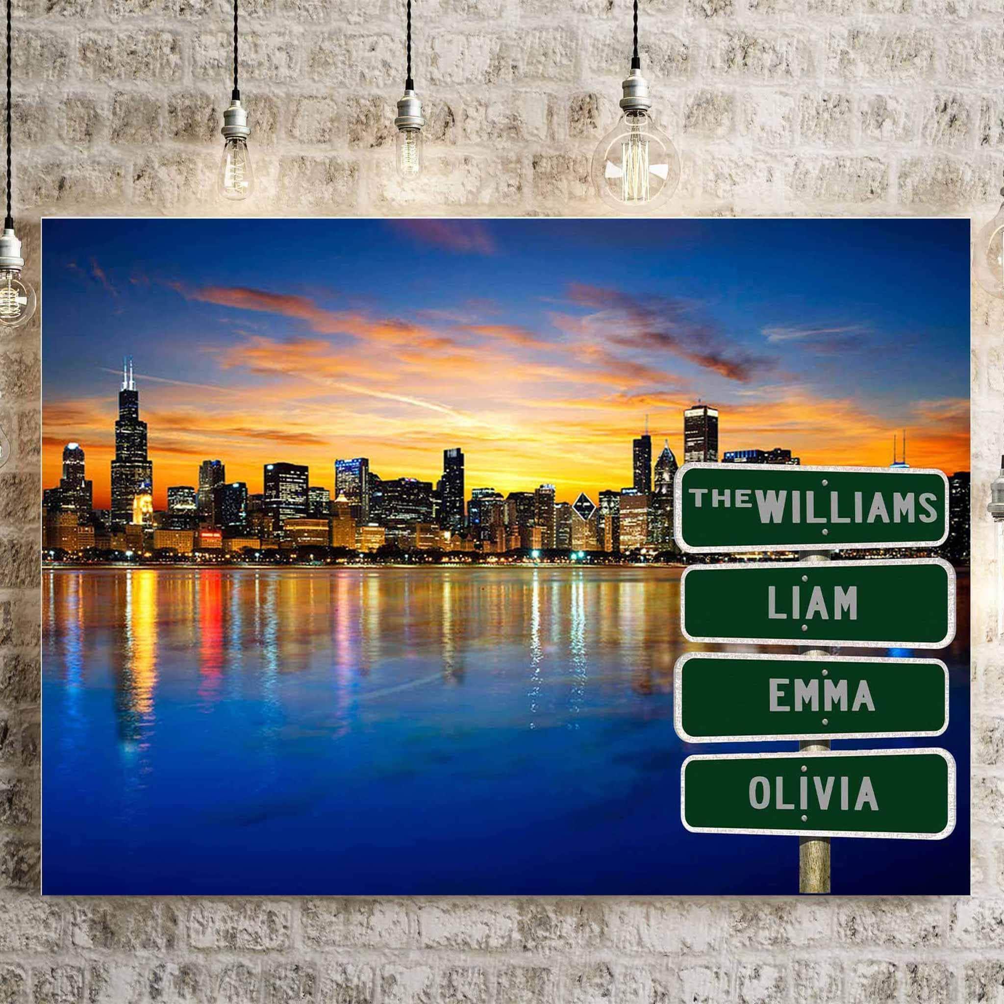 Chicago Skyline Vibrant Sunset Multiple Names Personalized Street Sign CanvasCustomly Gifts