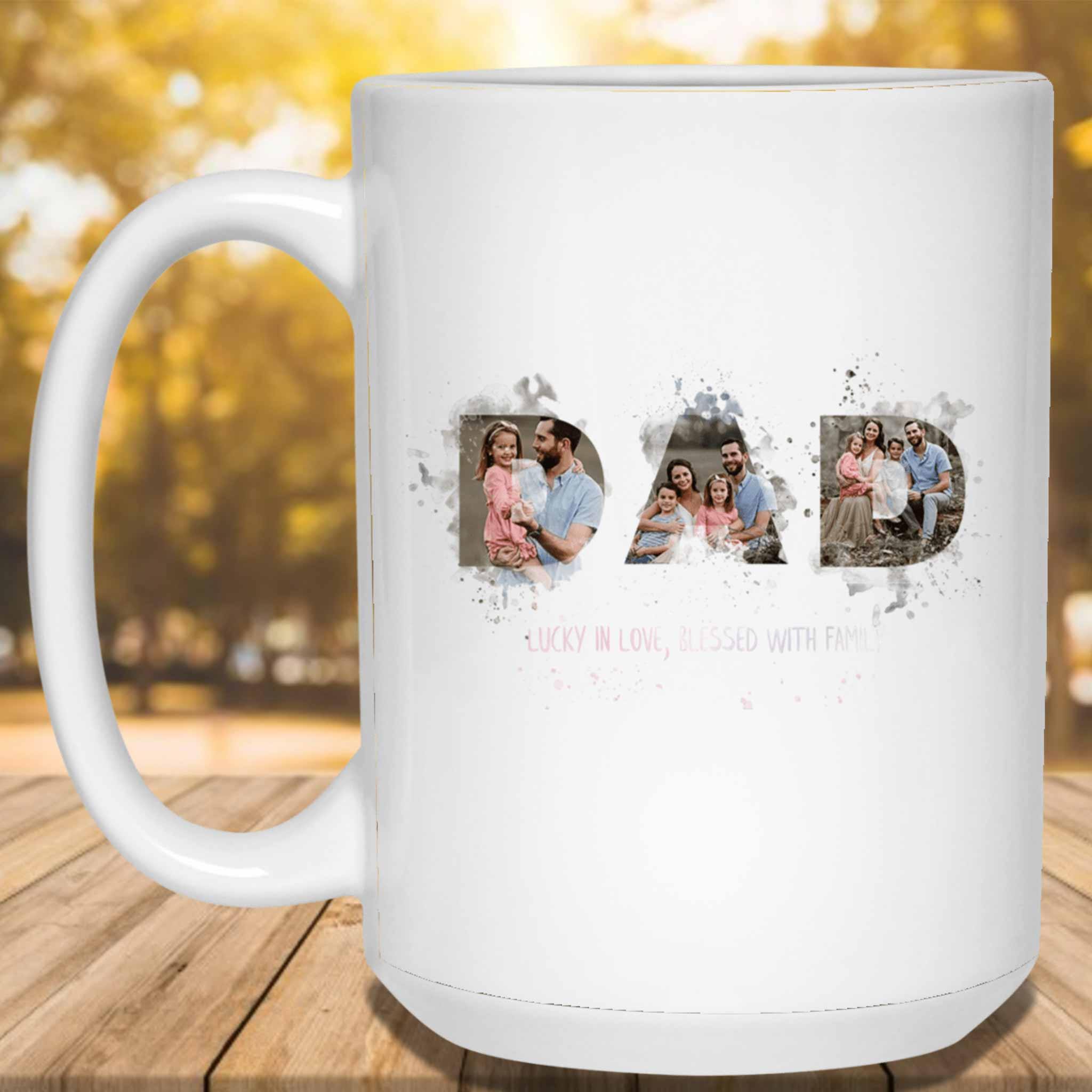 Dad Watercolor Photo Collage Lucky In Love Blessed With Family Custom Personalized White Coffee MugsCustomly Gifts