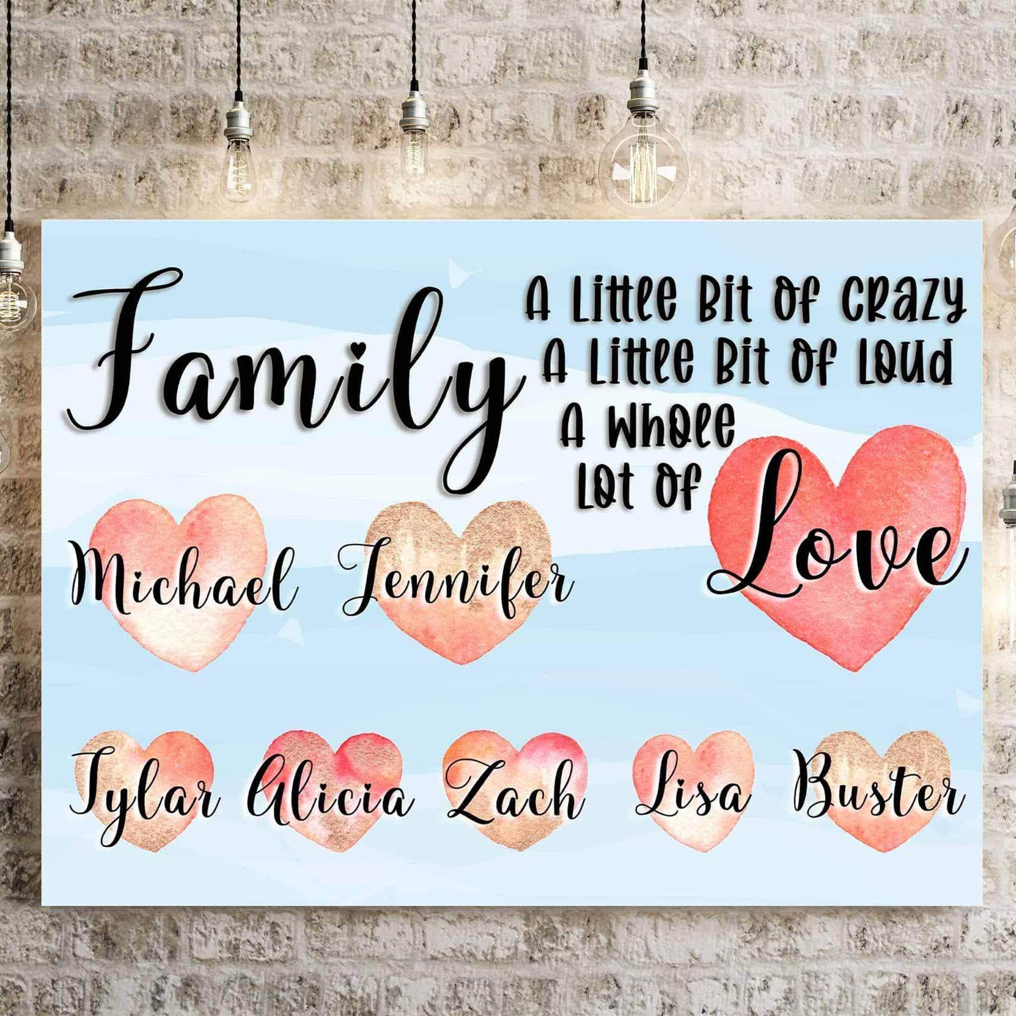 Family A Whole Lot Of Love Personalized Watercolor Names Over Hearts Light Blue CanvasCustomly Gifts