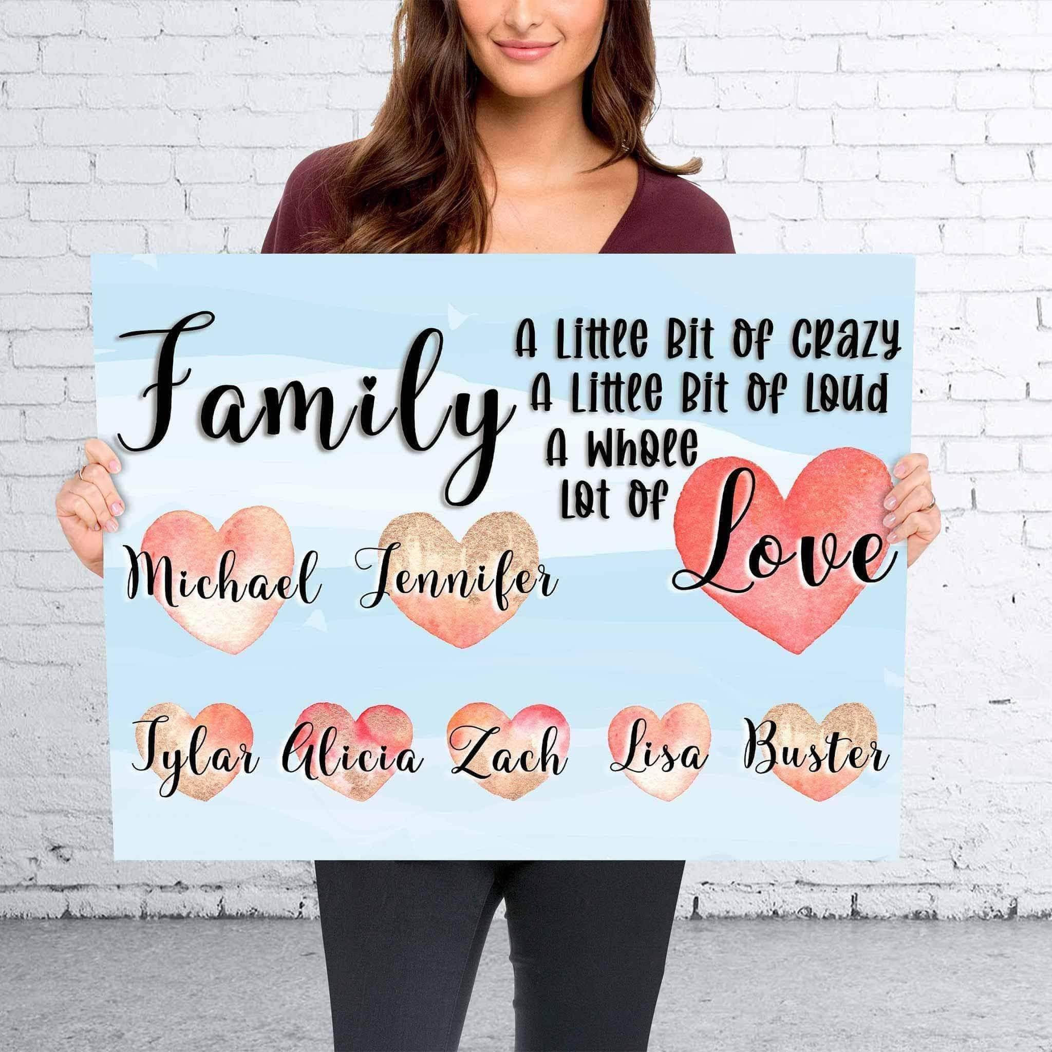 Family A Whole Lot Of Love Personalized Watercolor Names Over Hearts Light Blue CanvasCustomly Gifts