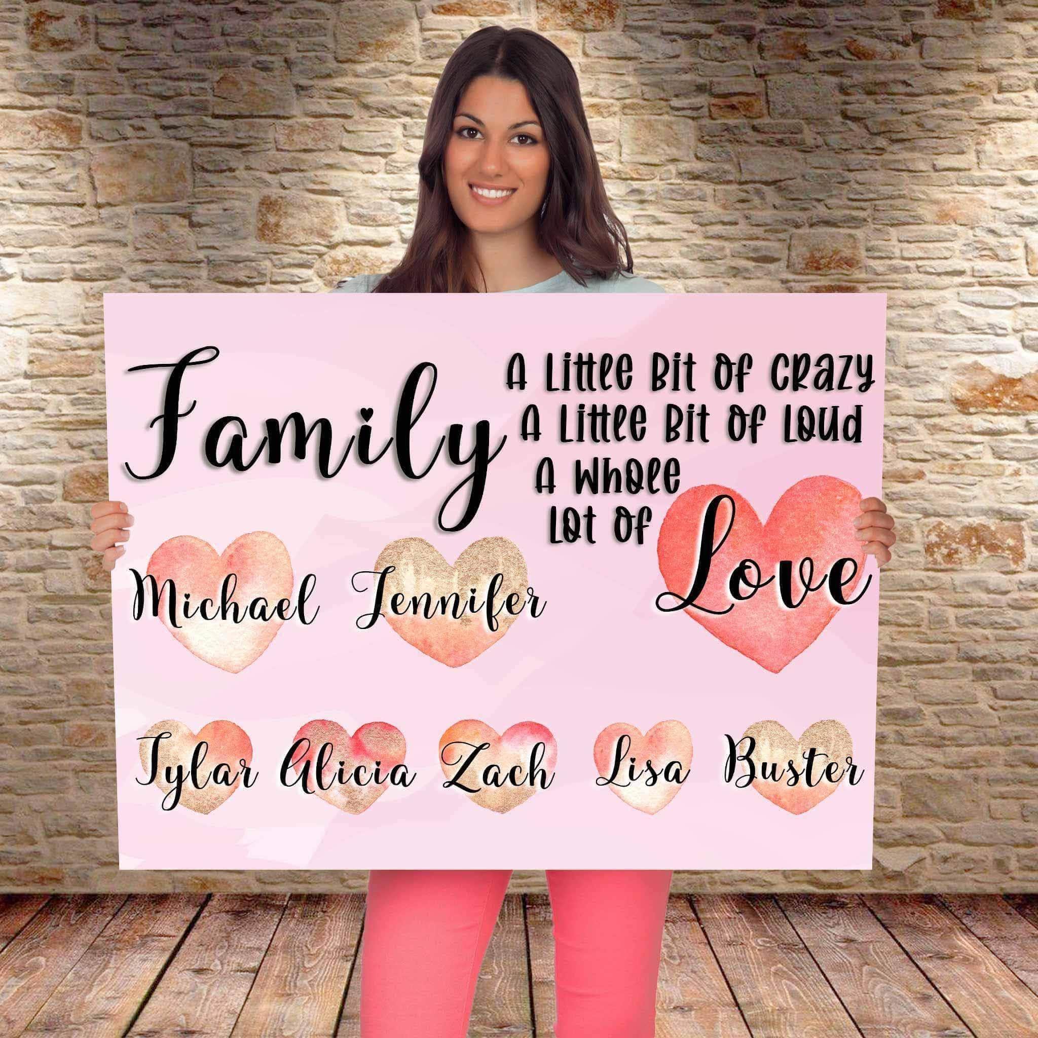 Family A Whole Lot Of Love Personalized Watercolor Names Over Hearts Light Purple CanvasCustomly Gifts