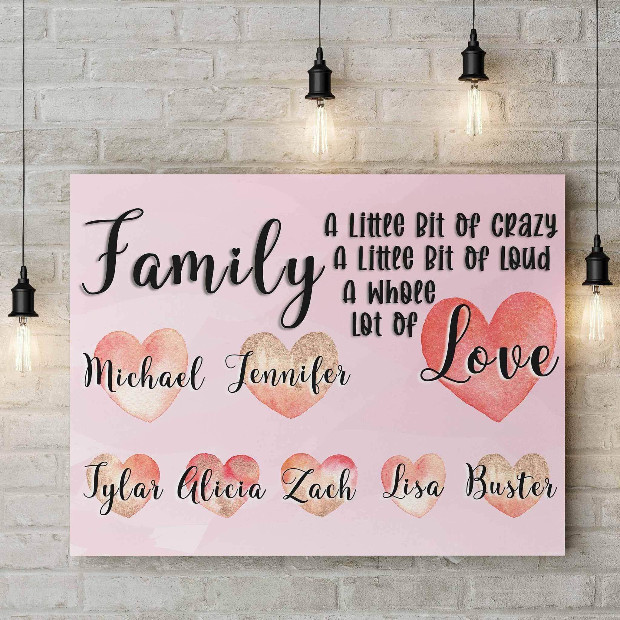Family A Whole Lot Of Love Personalized Watercolor Names Over Hearts Light Purple CanvasCustomly Gifts