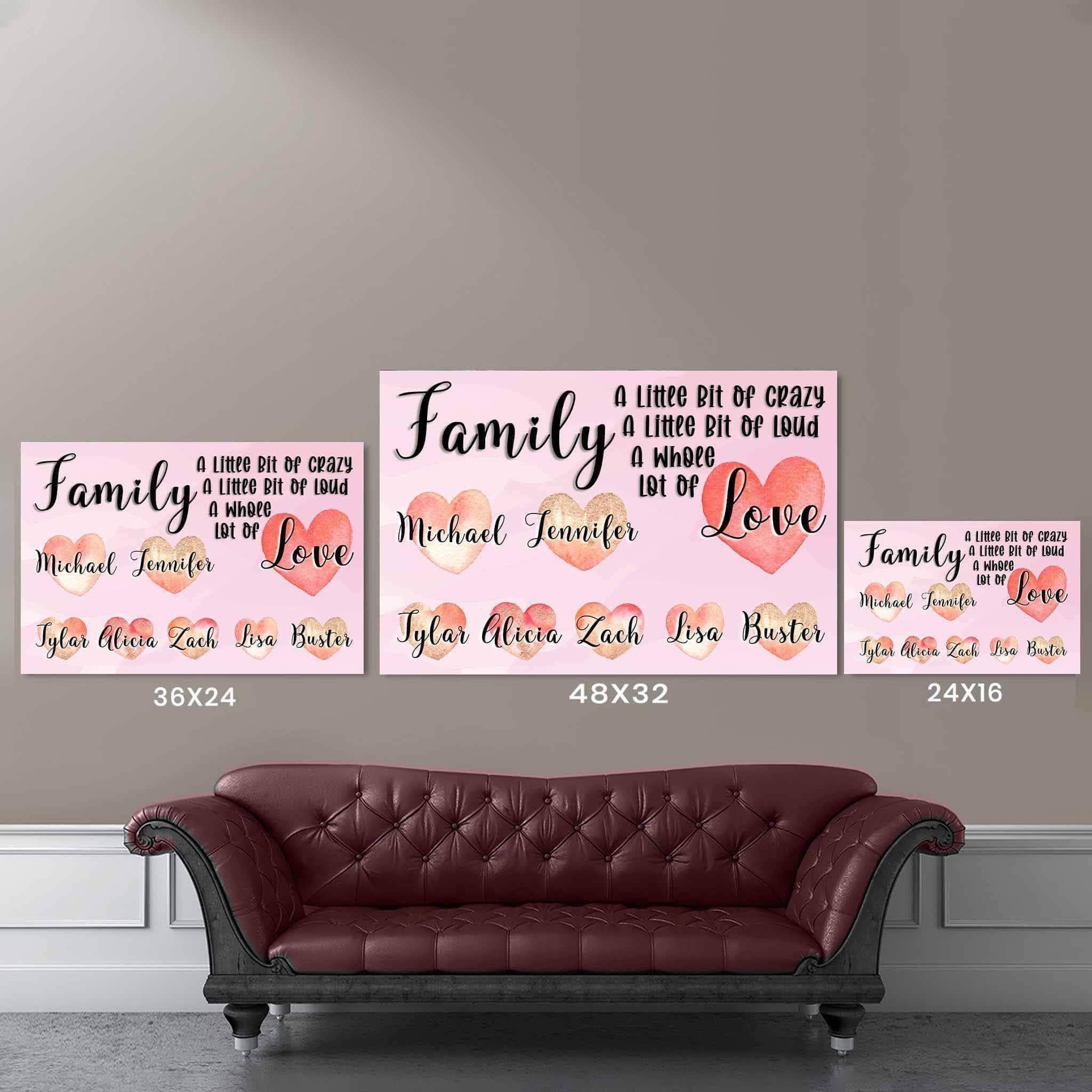Family A Whole Lot Of Love Personalized Watercolor Names Over Hearts Light Purple CanvasCustomly Gifts