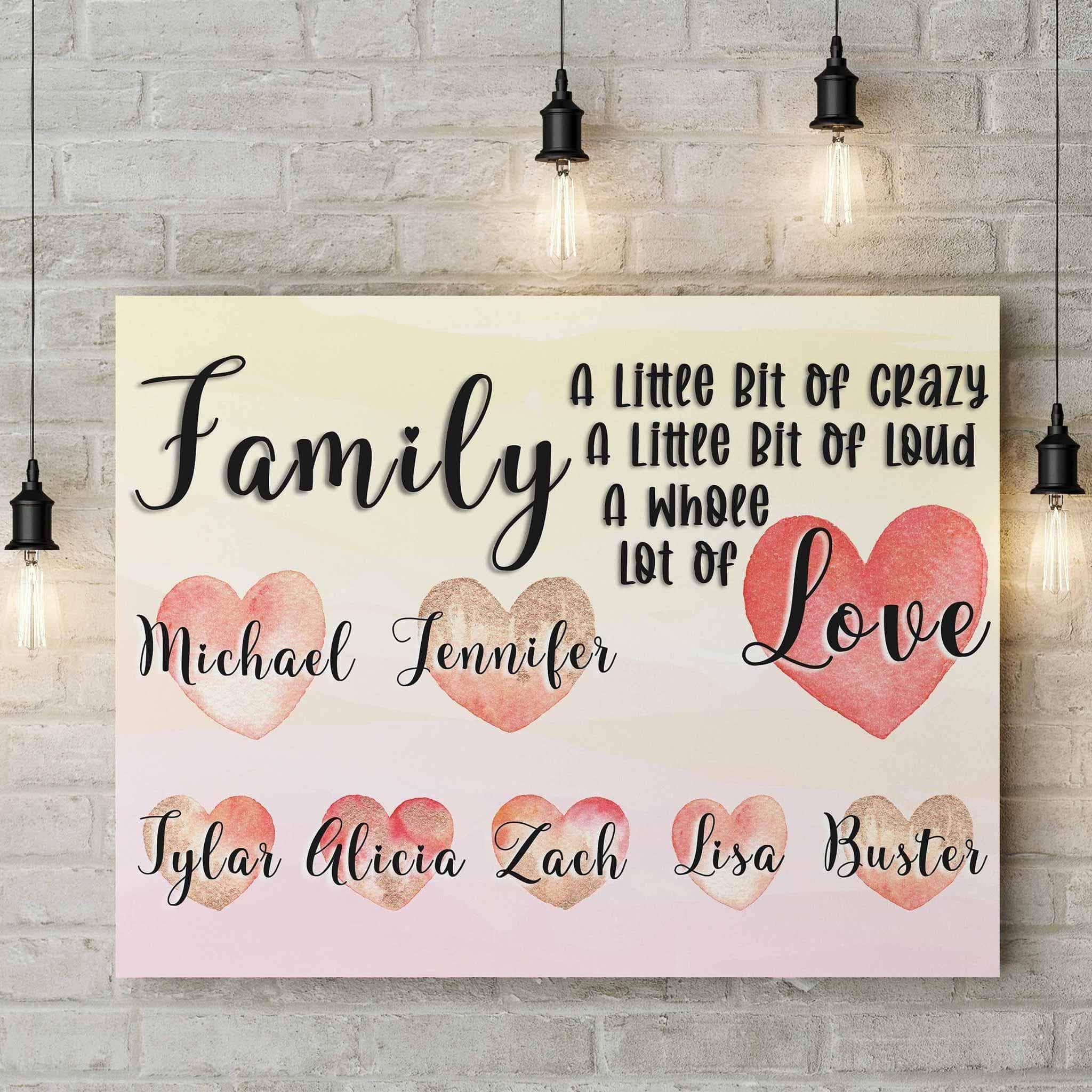 Family A Whole Lot Of Love Personalized Watercolor Names Over Hearts Multi-Color CanvasCustomly Gifts