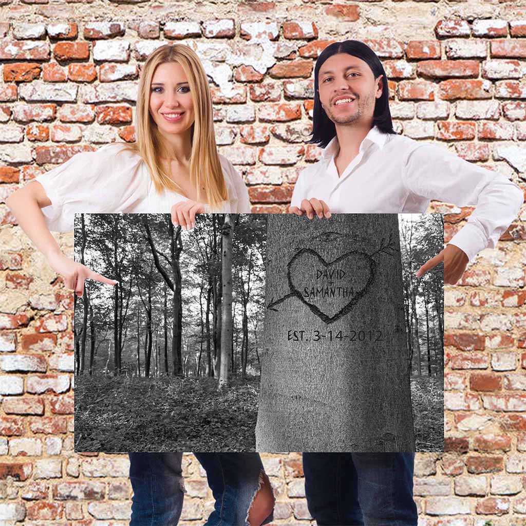 Family Tree Carved Names B&W With Heart Multiple Names Personalized CanvasCustomly Gifts