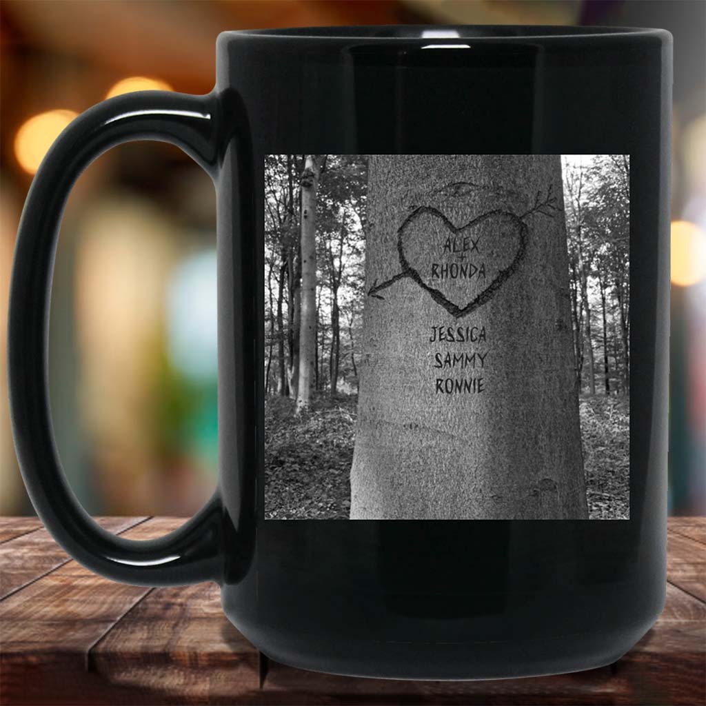 Family Tree Carved Names B&W With Heart Multiple Names Personalized MugCustomly Gifts