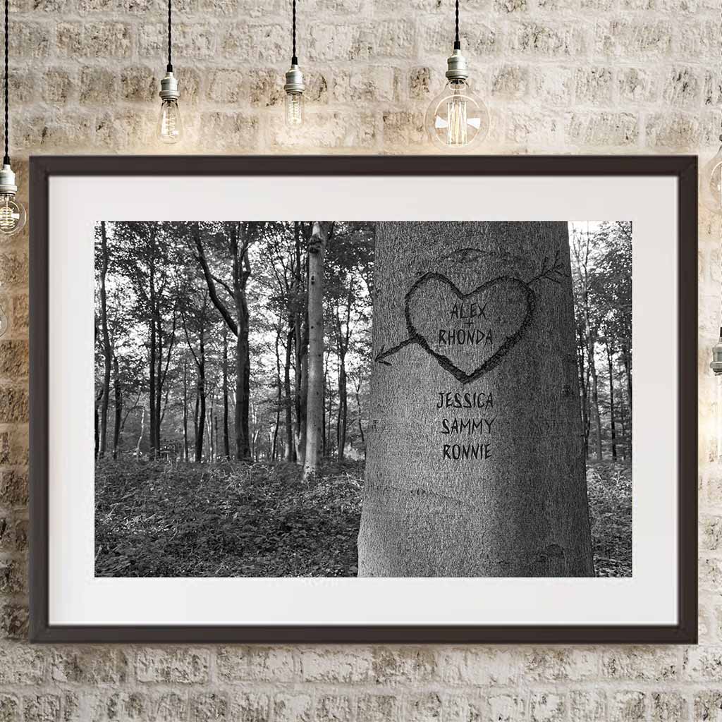 Family Tree Carved Names B&W With Heart Multiple Names Personalized PosterCustomly Gifts