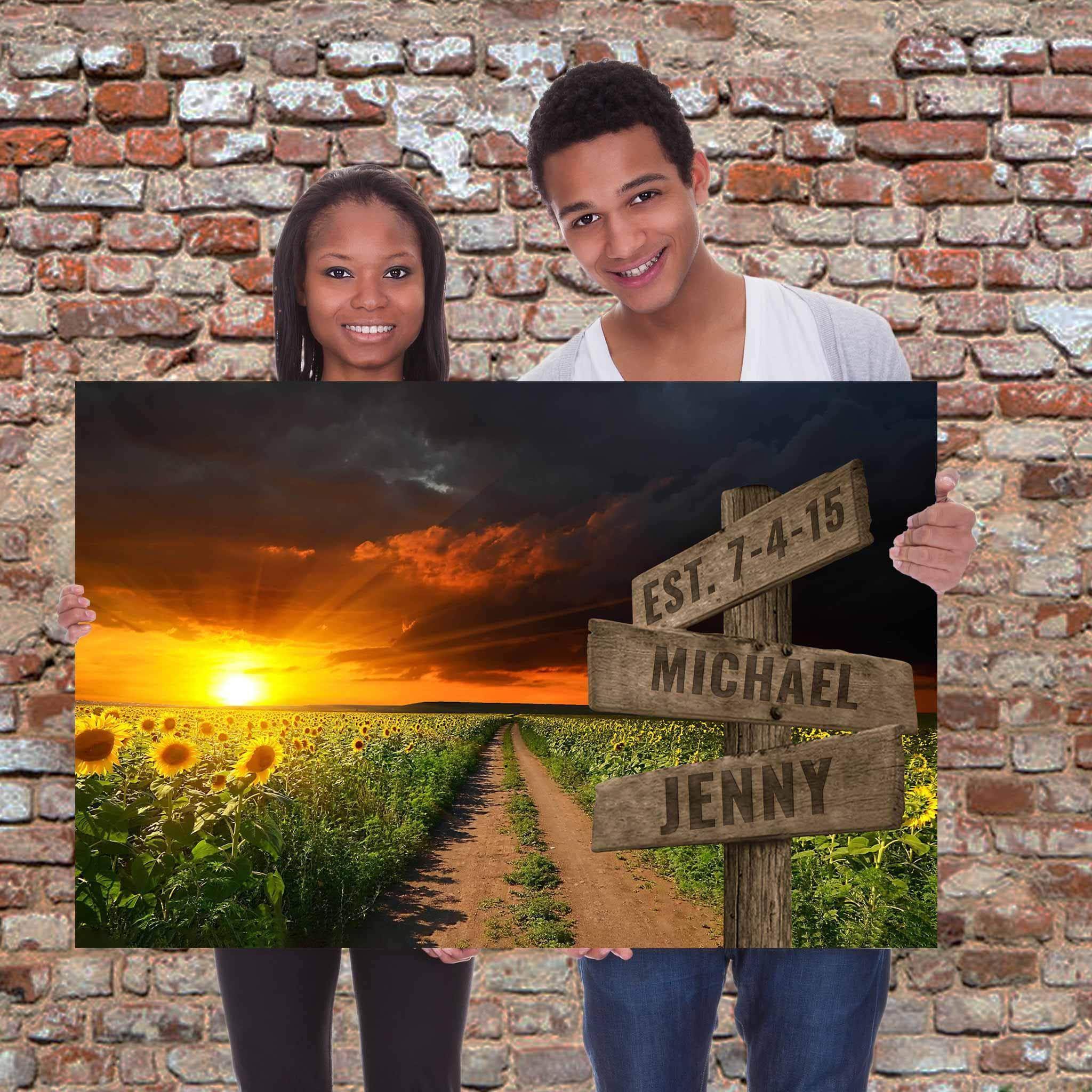 Field Of Blooming Sunflowers Dirt Road Beautiful Sky Personalized Directional Sign CanvasCustomly Gifts