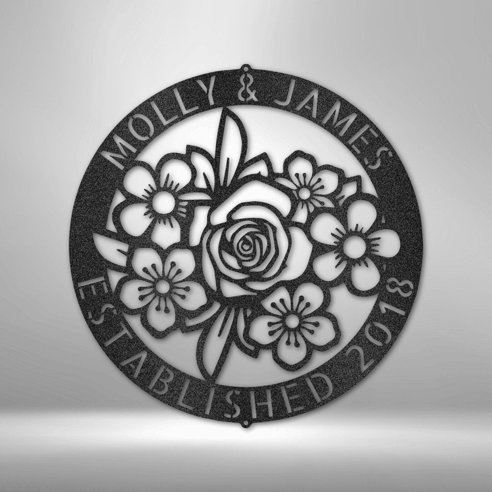 Floral Ring Personalized Monogram Family Name Text Steel SignCustomly Gifts