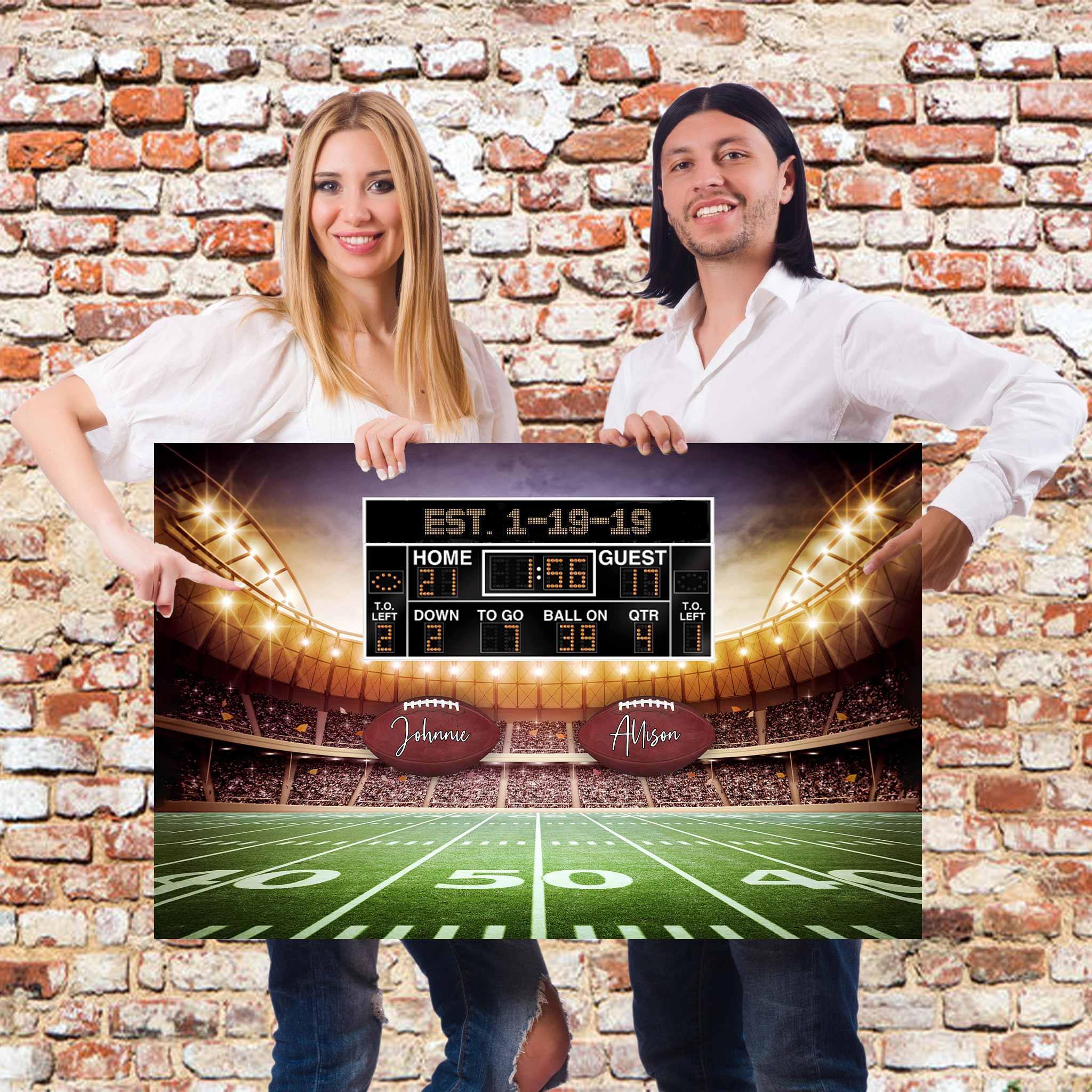 Football Stadium V1 Multiple Names Personalized Footballs And Scoreboard Sign CanvasCustomly Gifts