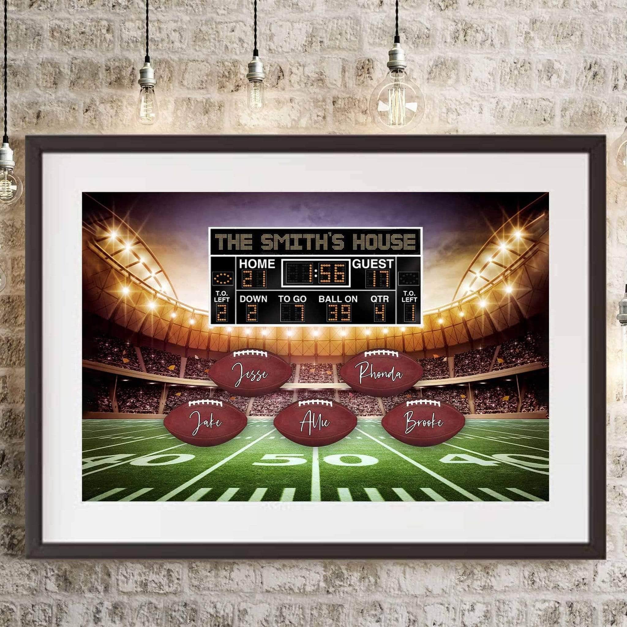 Football Stadium V1 Multiple Names Personalized Footballs And Scoreboard Sign Poster PrintCustomly Gifts