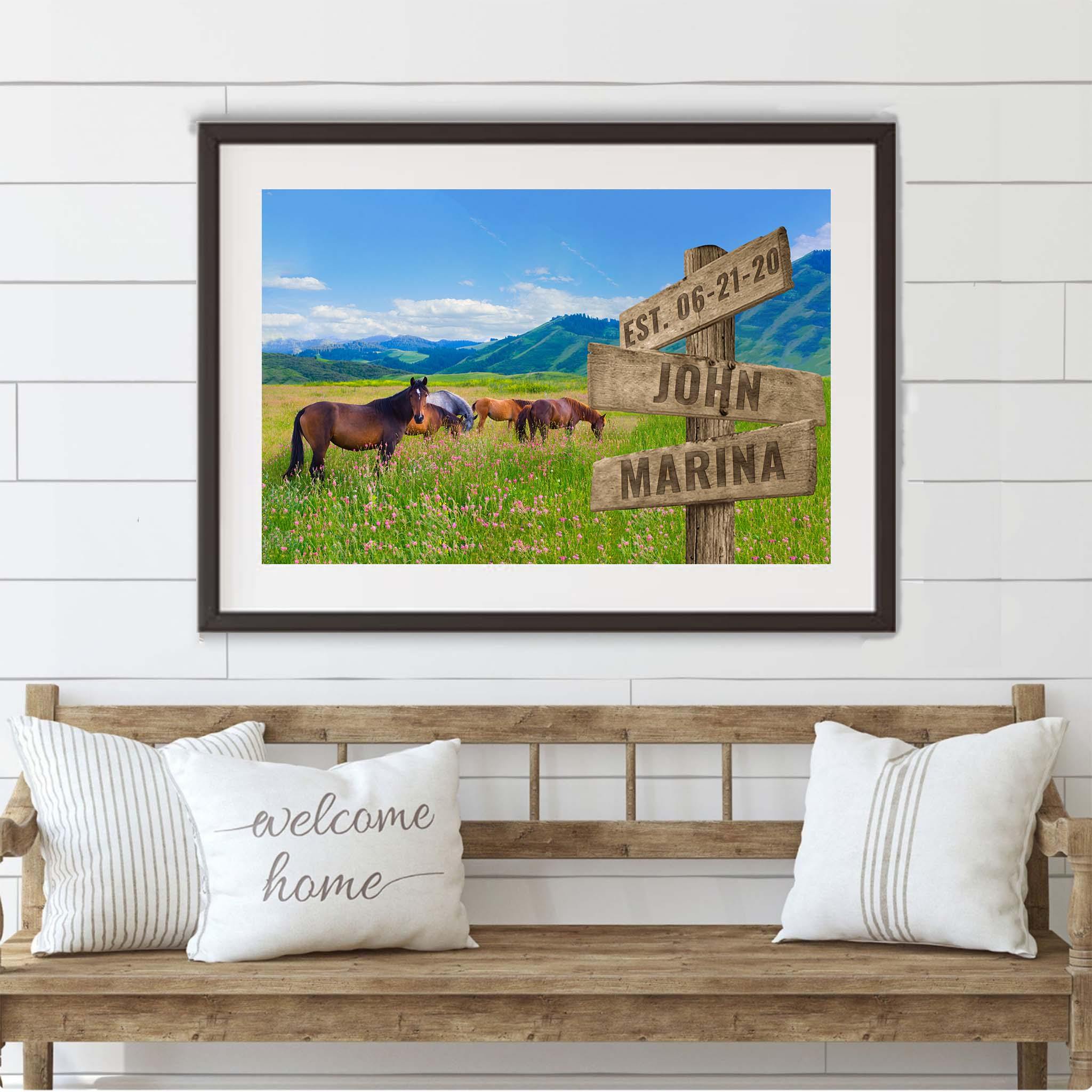 Horses Field Of Wildflowers Multiple Names Personalized Directional Sign PosterCustomly Gifts