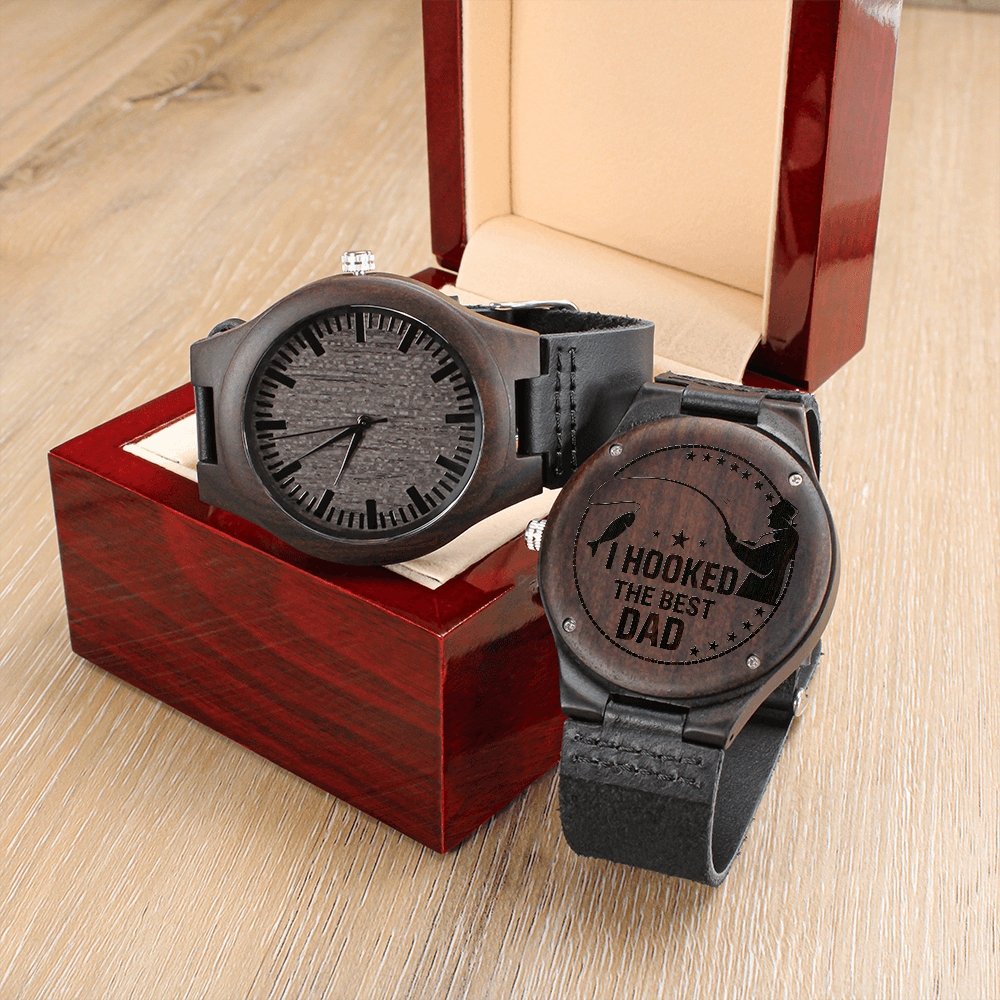 I Hooked The Best Dad Engraved Wooden WatchCustomly Gifts