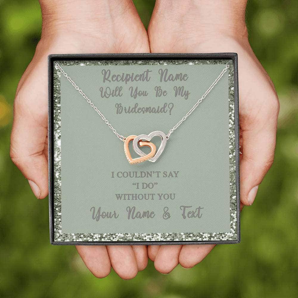 Interlocking Hearts Necklace With Will You Be My Bridesmaid? Fawn-Grn Personalized Insert CardCustomly Gifts