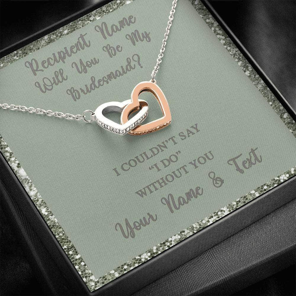 Interlocking Hearts Necklace With Will You Be My Bridesmaid? Fawn-Grn Personalized Insert CardCustomly Gifts