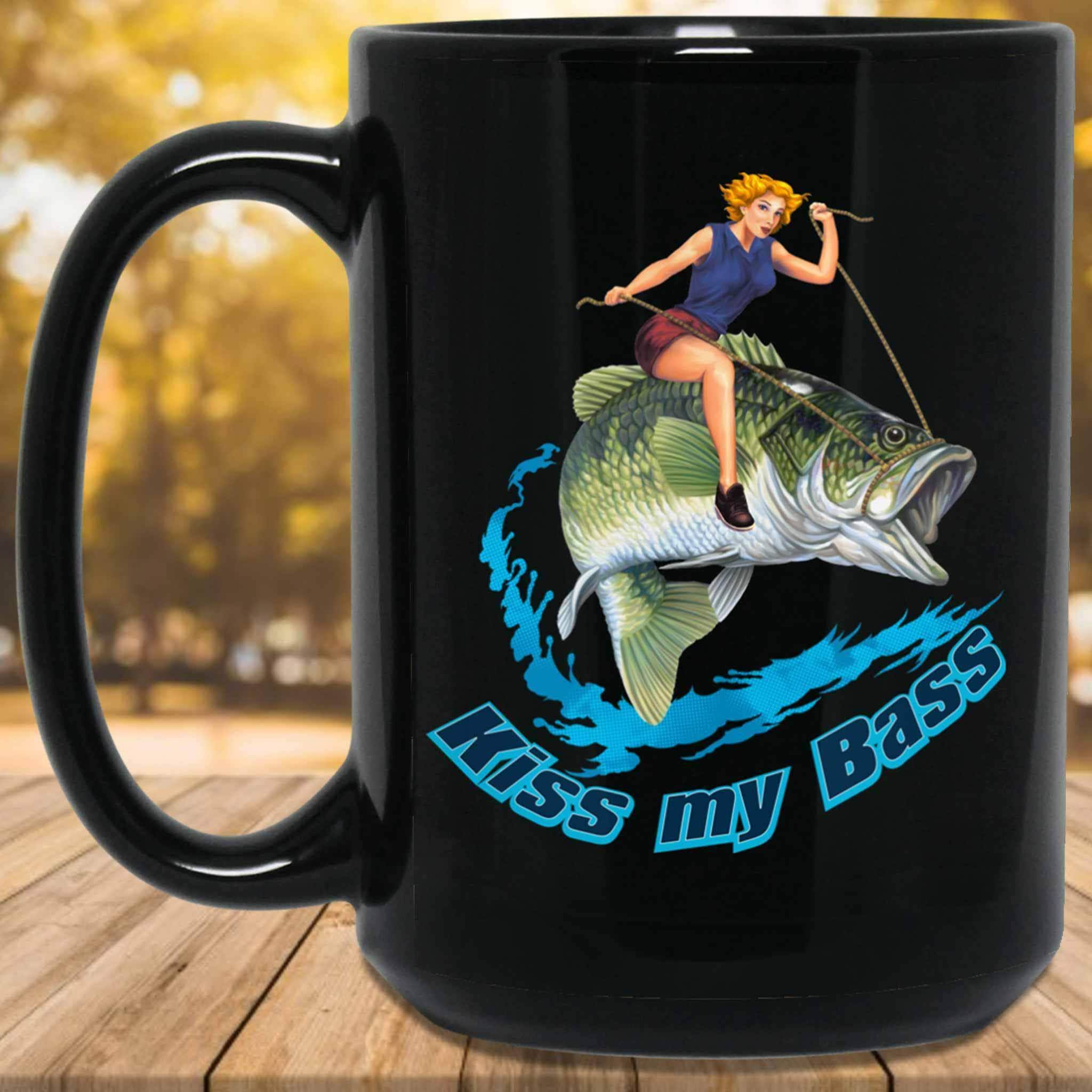 Kiss My Bass Blonde Pin Up Girl Riding A Bass Fish Fishing Themed Black Coffee MugsCustomly Gifts