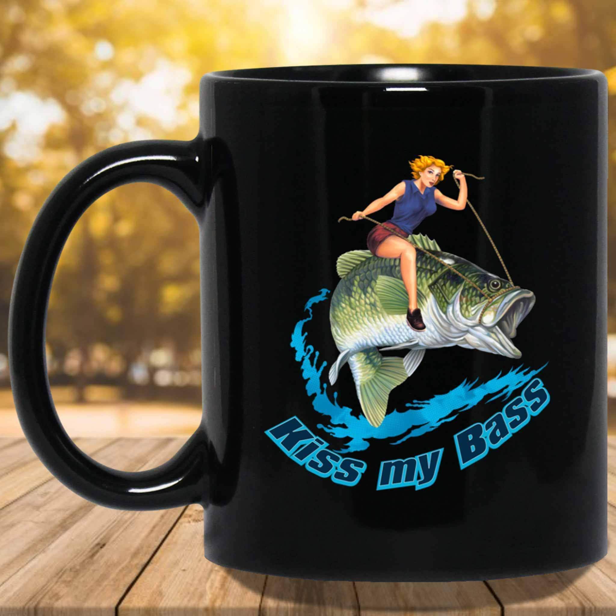 Kiss My Bass Blonde Pin Up Girl Riding A Bass Fish Fishing Themed Black Coffee MugsCustomly Gifts