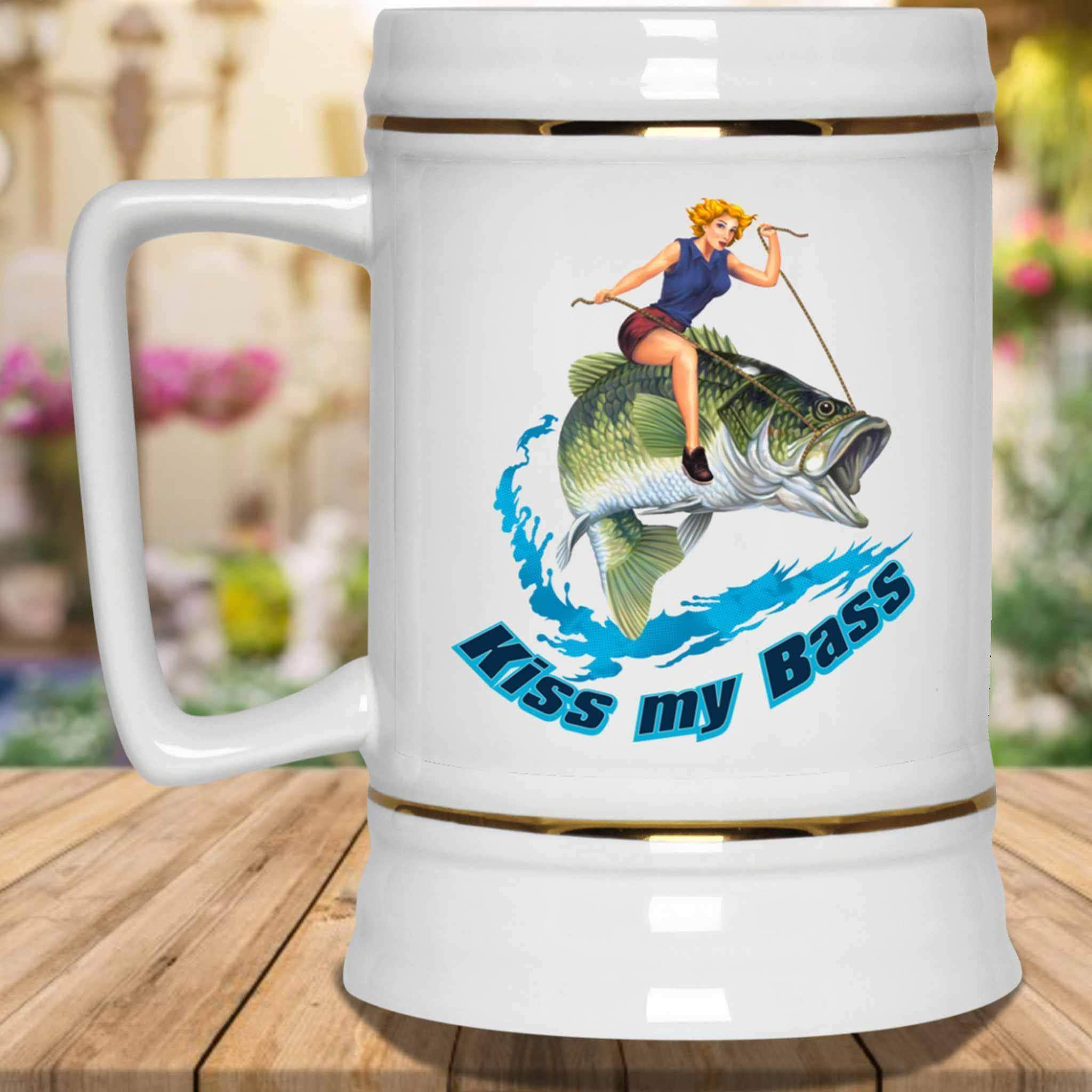 Kiss My Bass Blonde Pin Up Girl Riding A Bass Fish Fishing Themed White  Beer Mug