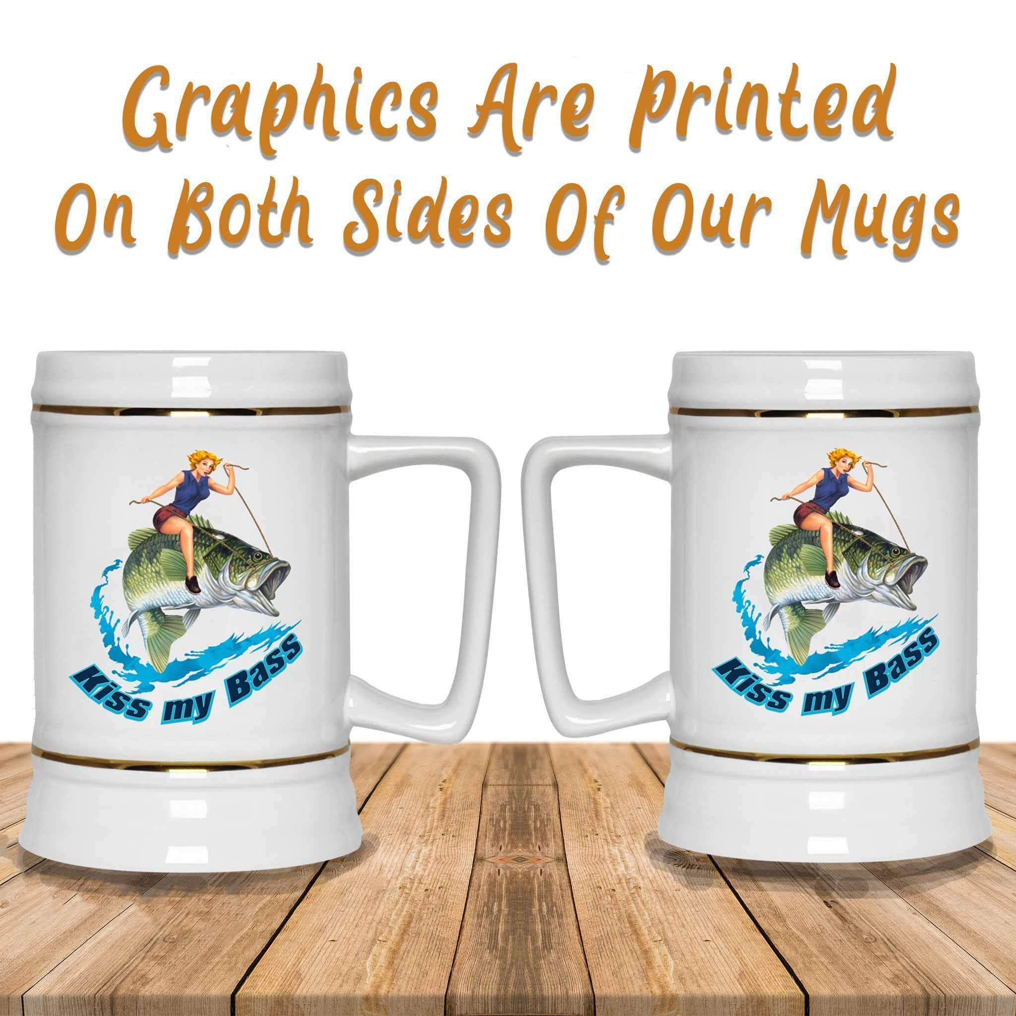 Kiss My Bass Blonde Pin Up Girl Riding A Bass Fish Fishing Themed White Beer MugCustomly Gifts