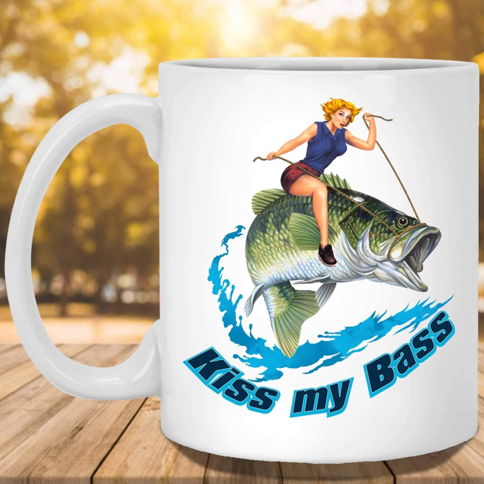 Kiss My Bass Blonde Pin Up Girl Riding A Bass Fish Fishing Themed White Coffee MugsCustomly Gifts