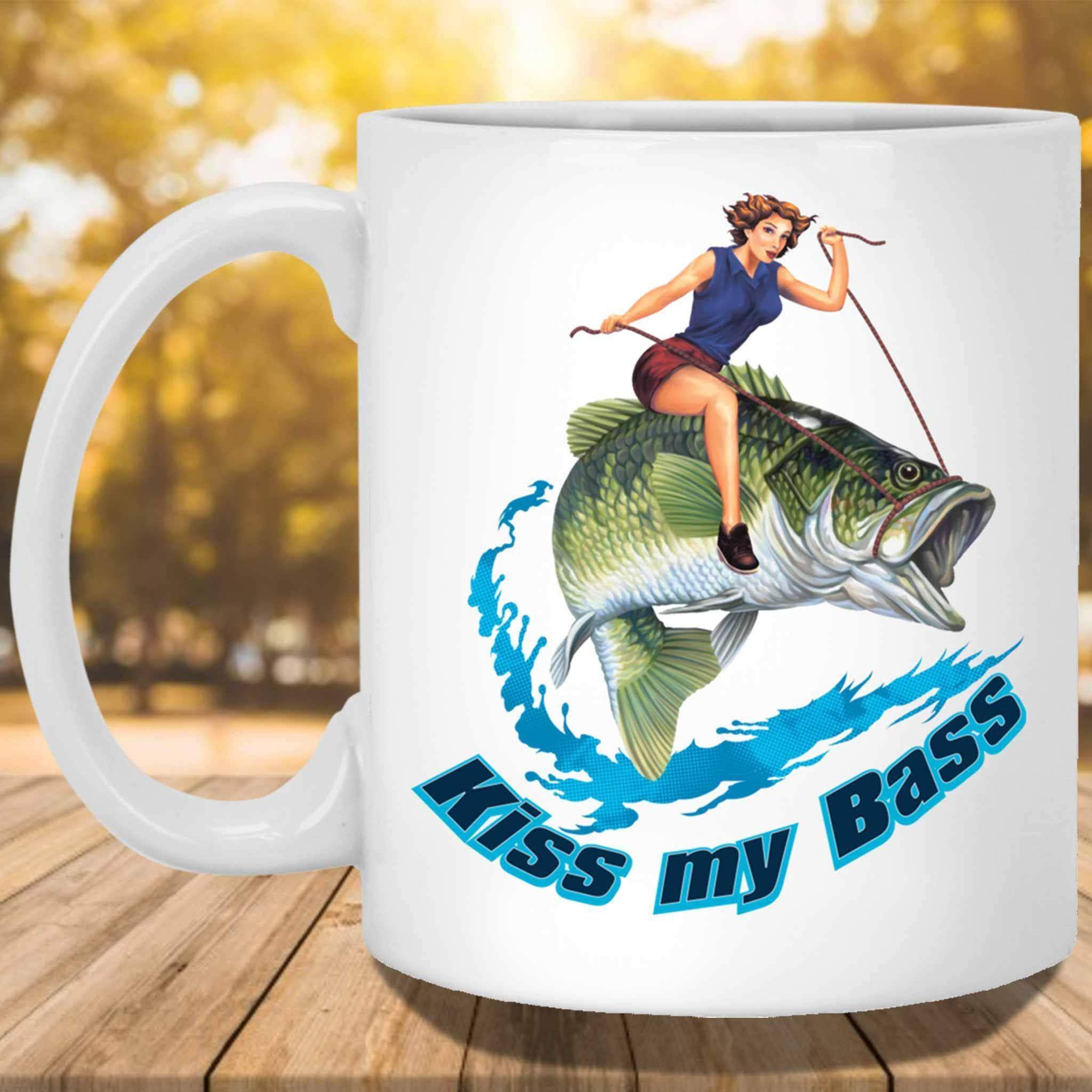 Kiss My Bass Brunette Pin Up Girl Riding A Bass Fish Fishing Themed White  Coffee Mugs