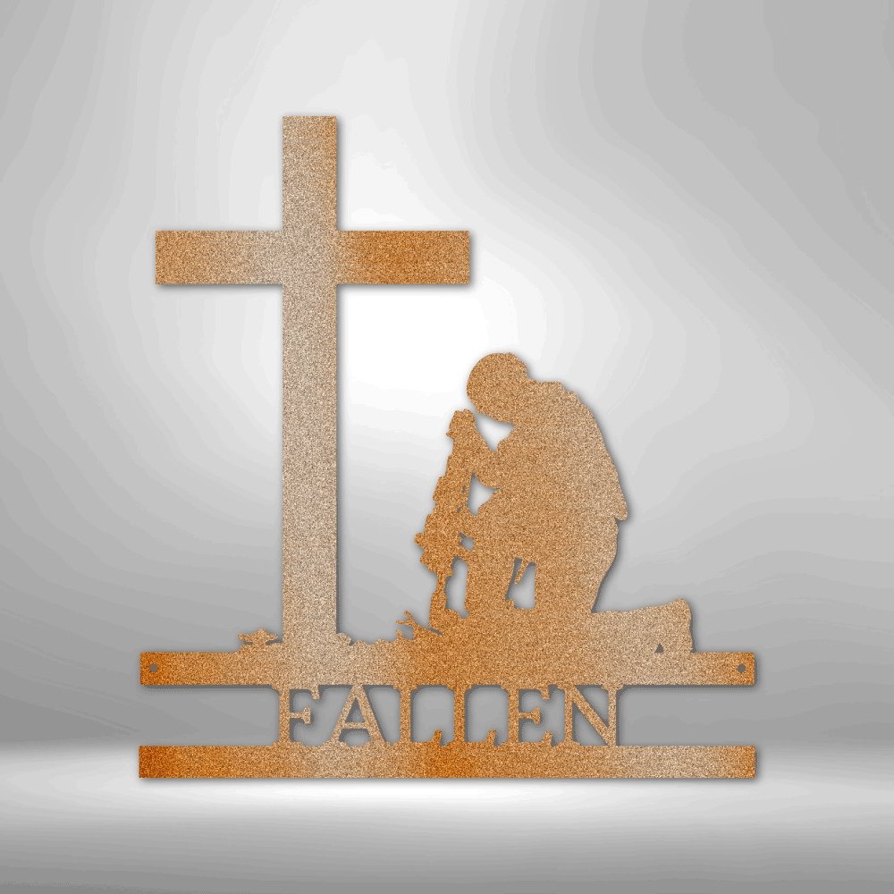 Kneeling Soldier Cross Personalized Name Text Steel SignCustomly Gifts