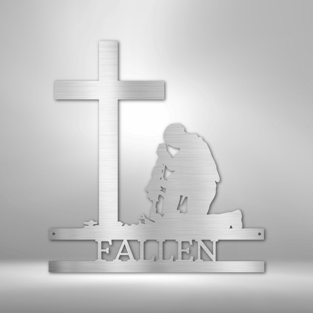 Kneeling Soldier Cross Personalized Name Text Steel SignCustomly Gifts