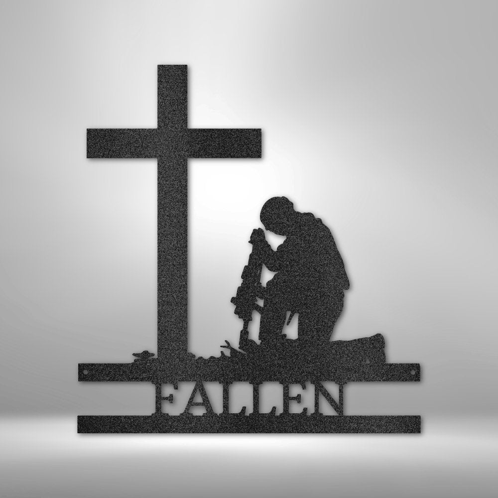 Kneeling Soldier Cross Personalized Name Text Steel SignCustomly Gifts