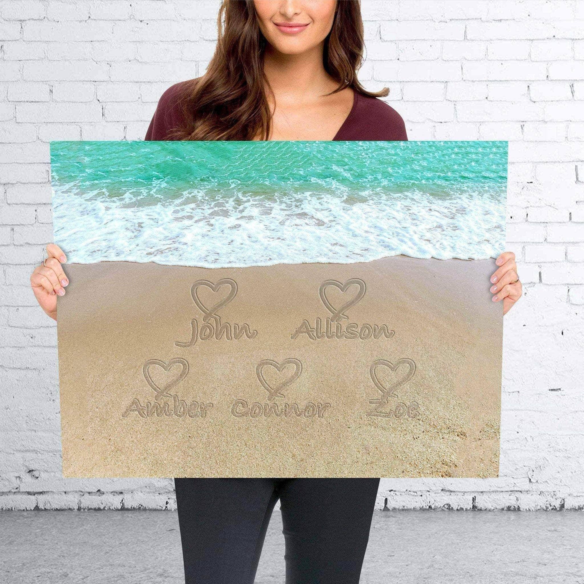 Light Sandy Tropical Beach Written In The Sand Multiple Names & Hearts Personalized CanvasCustomly Gifts